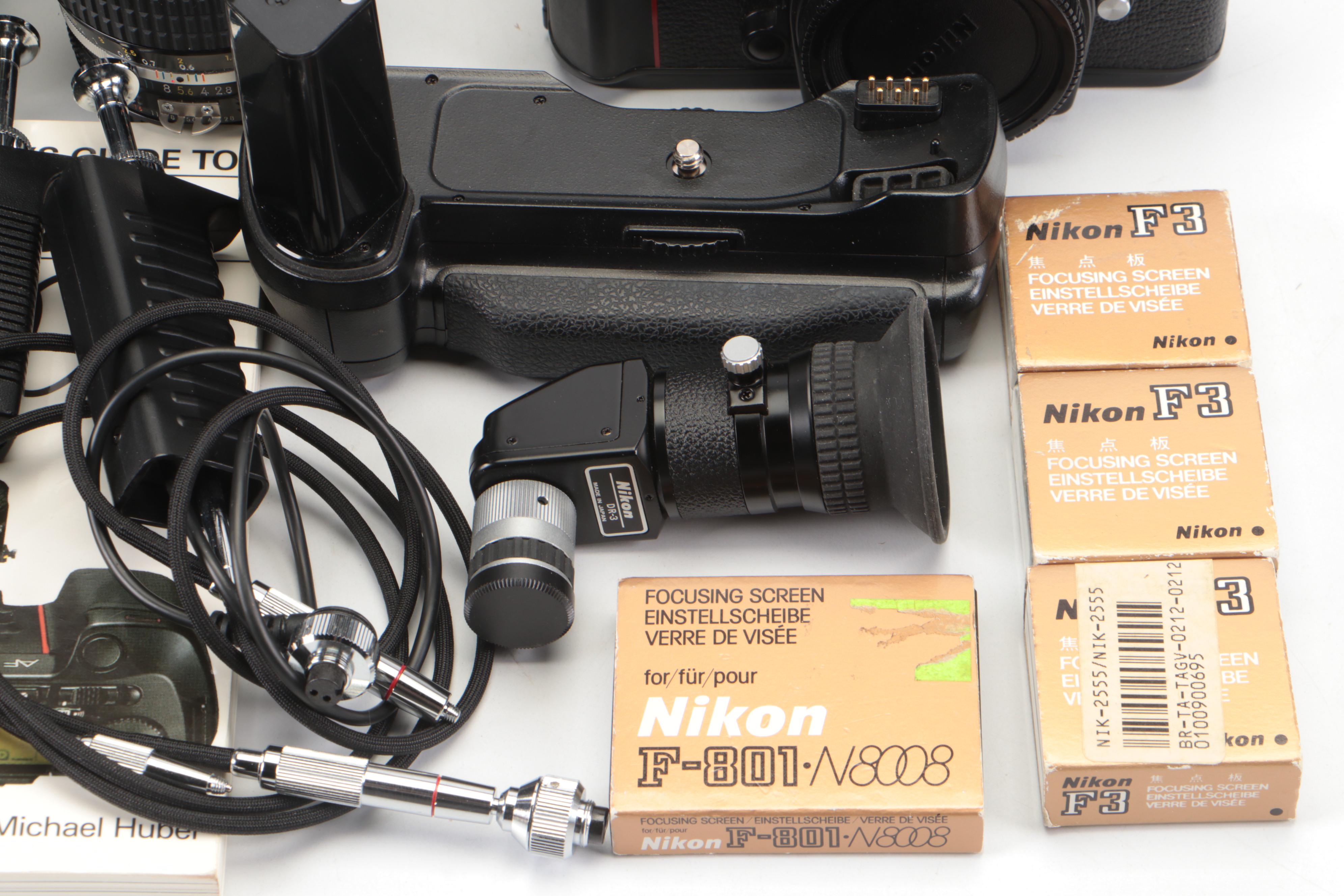 Nikon F100, AF N8008, FM2, F3 Cameras With Lenses, Lens Hood, Manuals