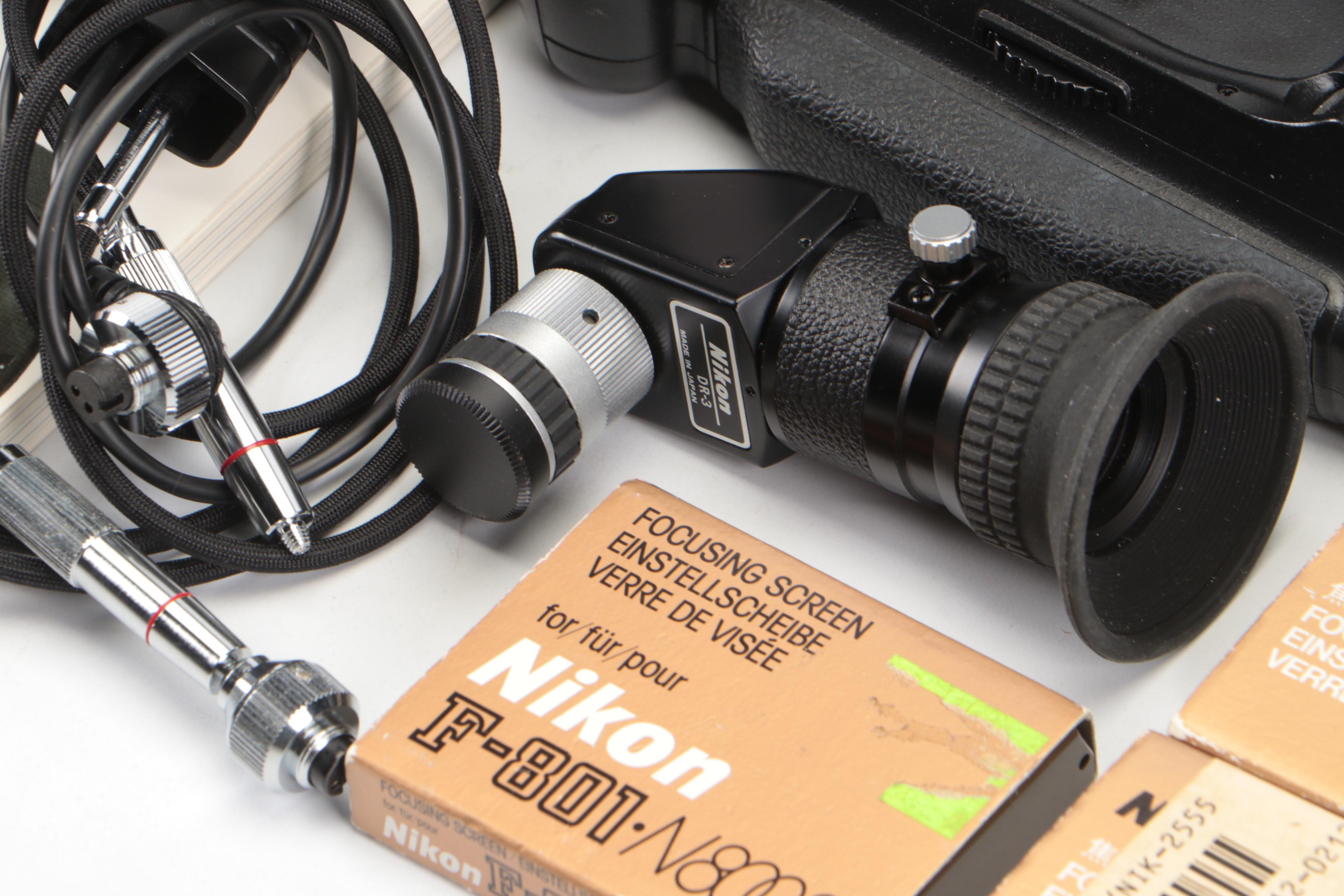 Nikon F100, AF N8008, FM2, F3 Cameras With Lenses, Lens Hood, Manuals