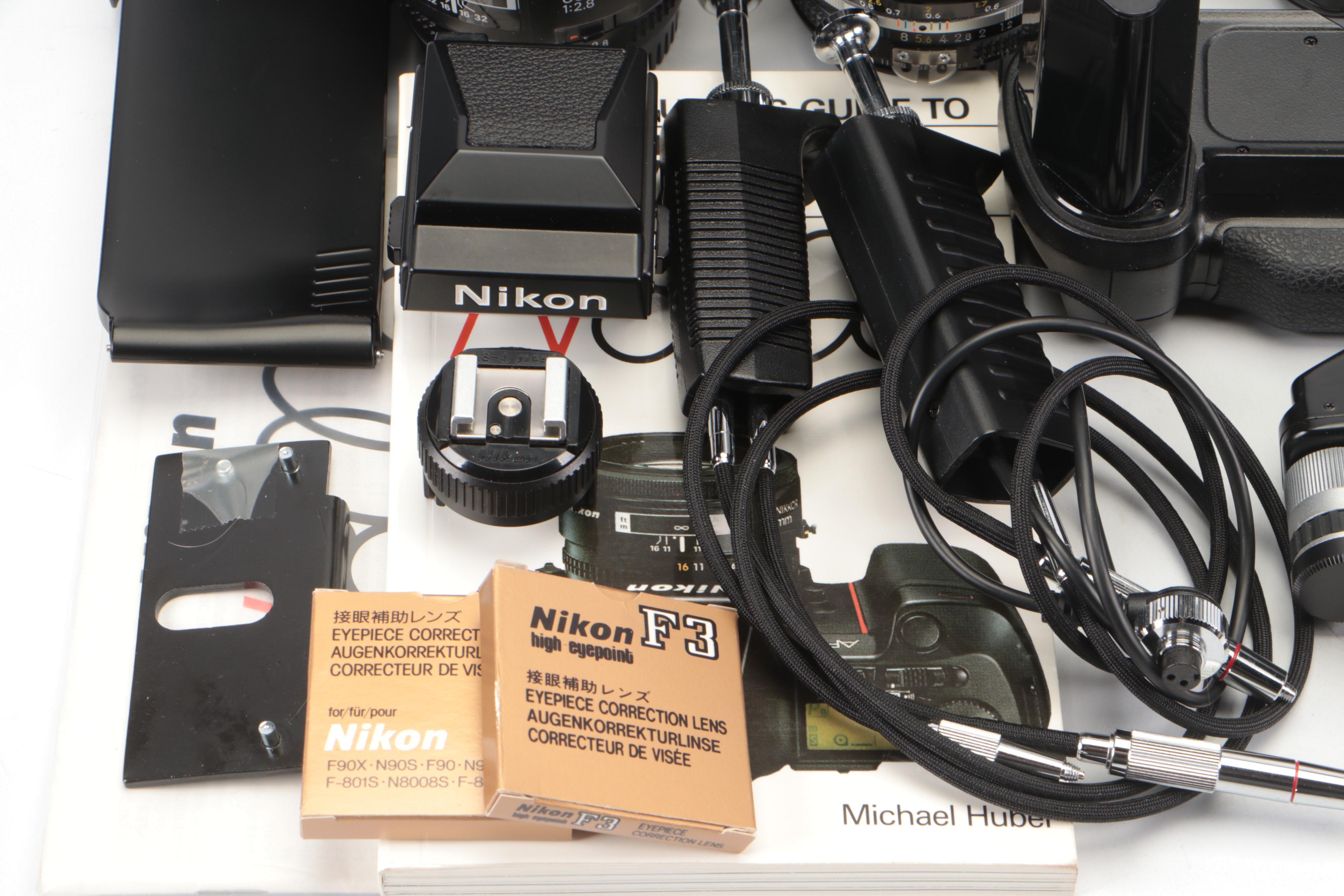 Nikon F100, AF N8008, FM2, F3 Cameras With Lenses, Lens Hood, Manuals