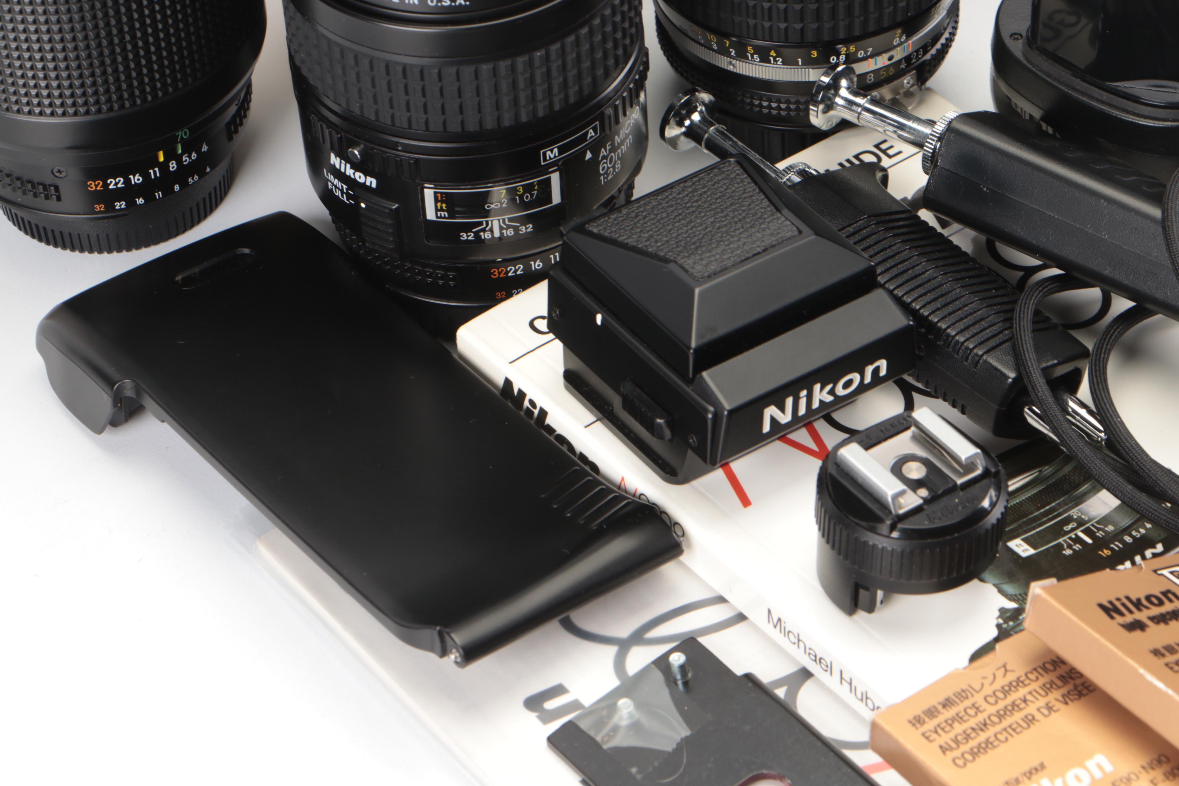 Nikon F100, AF N8008, FM2, F3 Cameras With Lenses, Lens Hood, Manuals