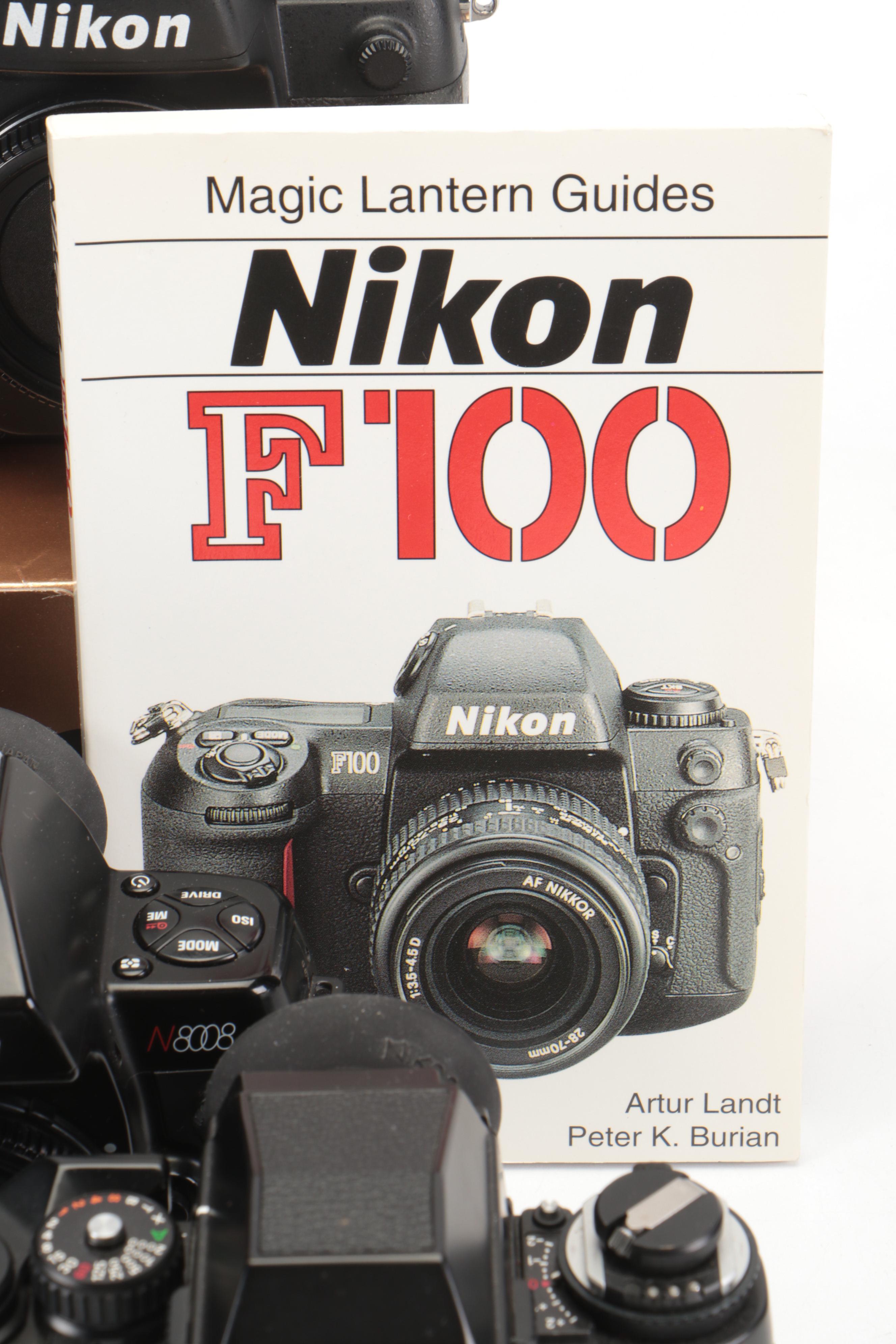 Nikon F100, AF N8008, FM2, F3 Cameras With Lenses, Lens Hood, Manuals