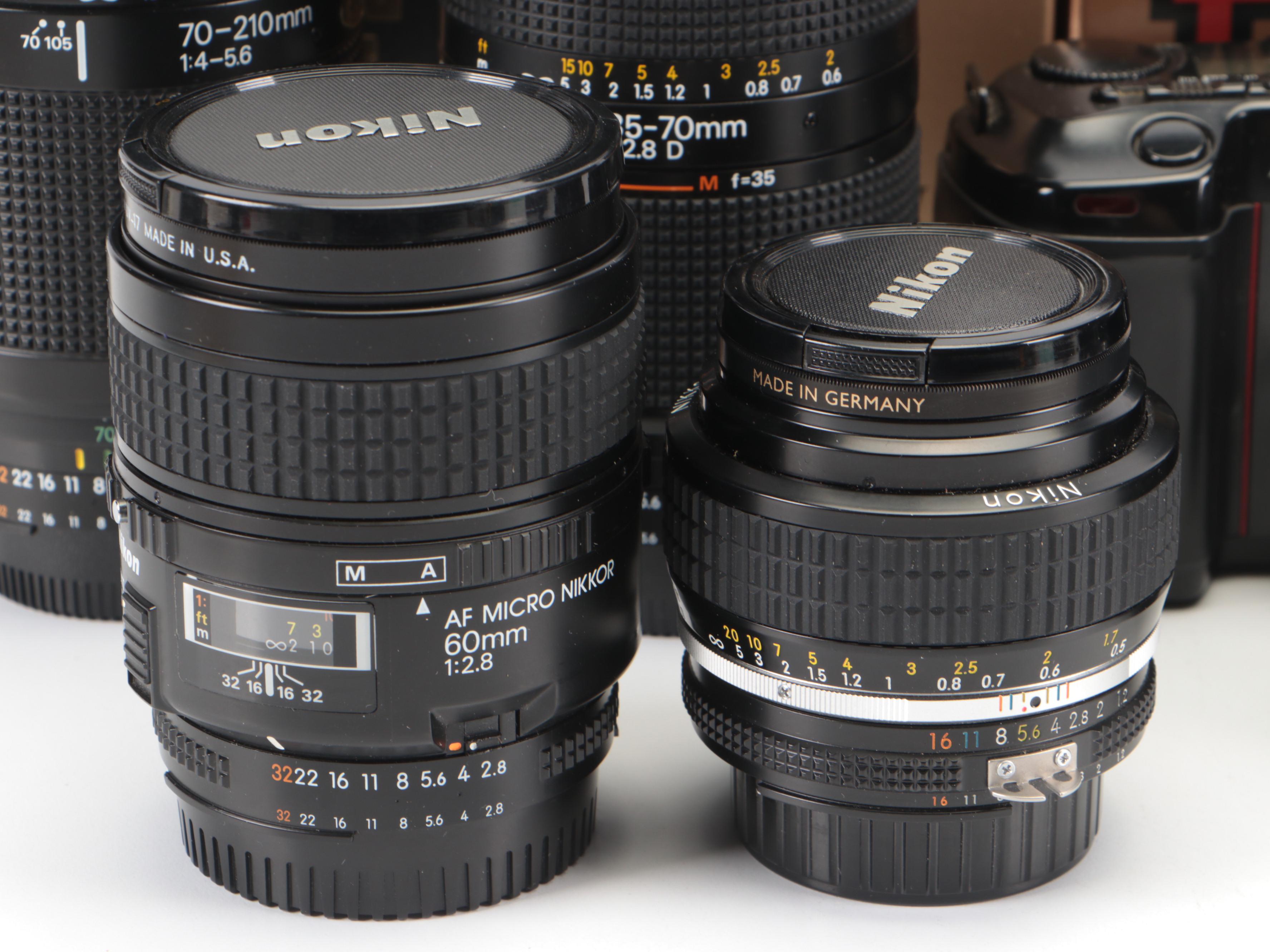 Nikon F100, AF N8008, FM2, F3 Cameras With Lenses, Lens Hood, Manuals