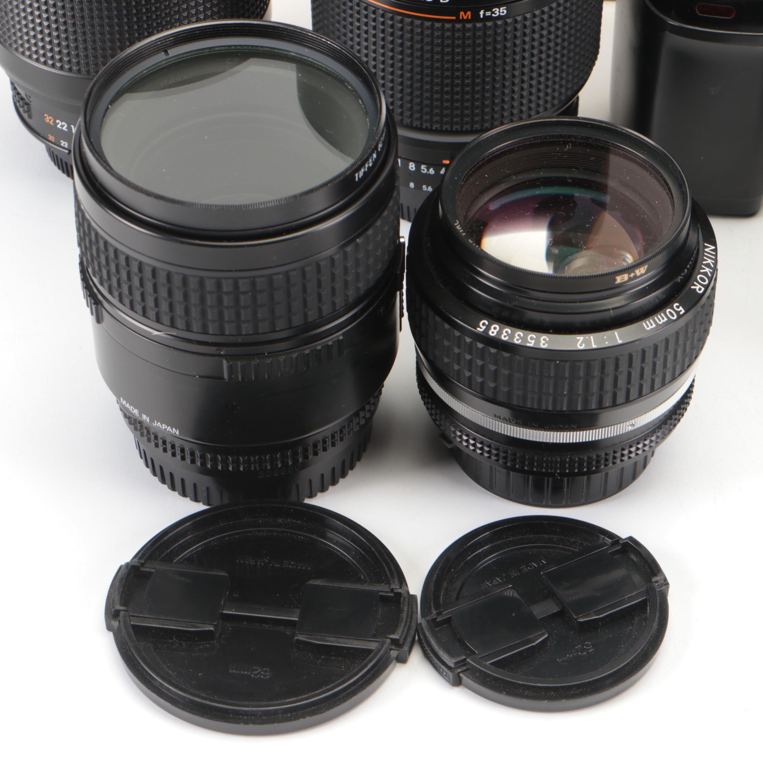 Nikon F100, AF N8008, FM2, F3 Cameras With Lenses, Lens Hood, Manuals