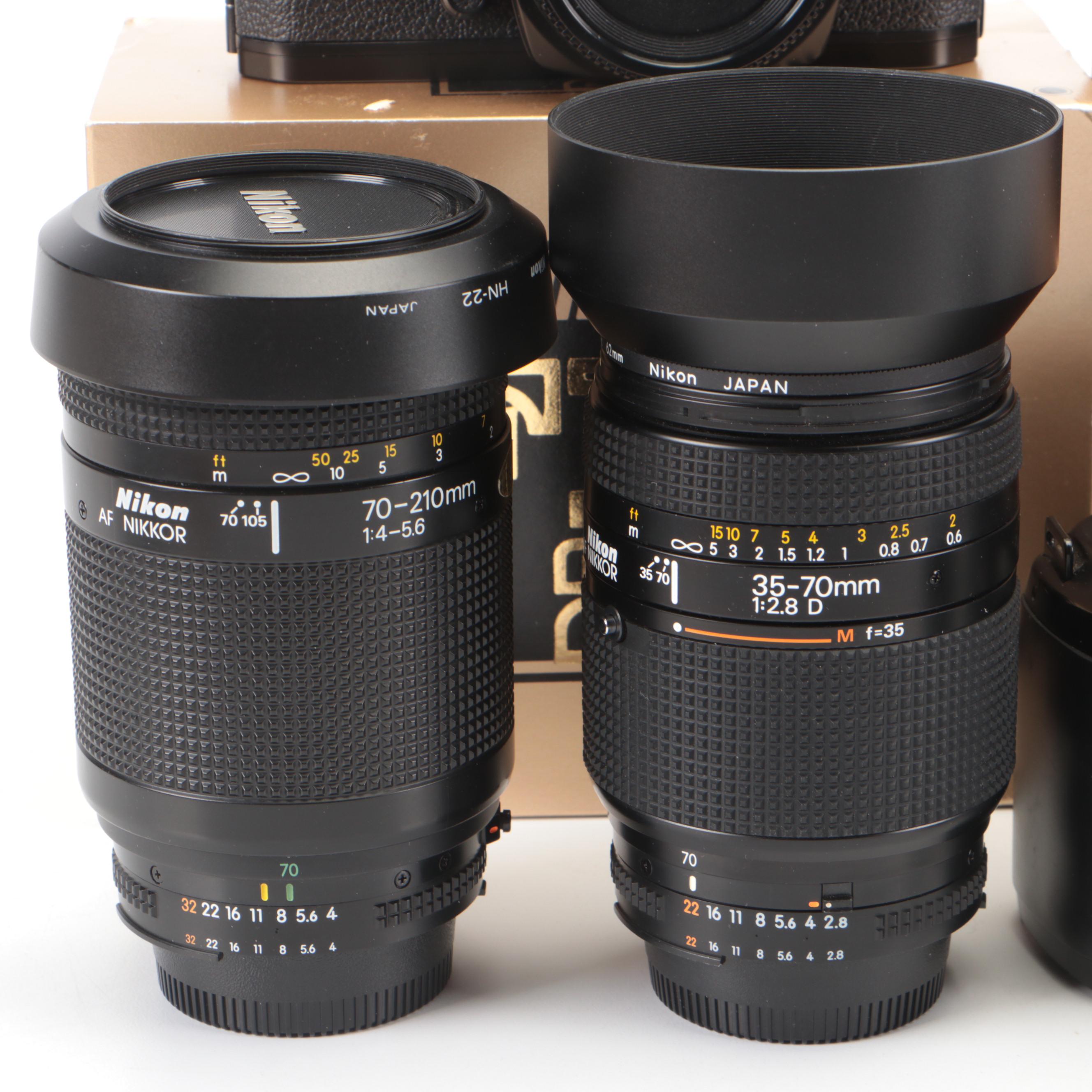 Nikon F100, AF N8008, FM2, F3 Cameras With Lenses, Lens Hood, Manuals