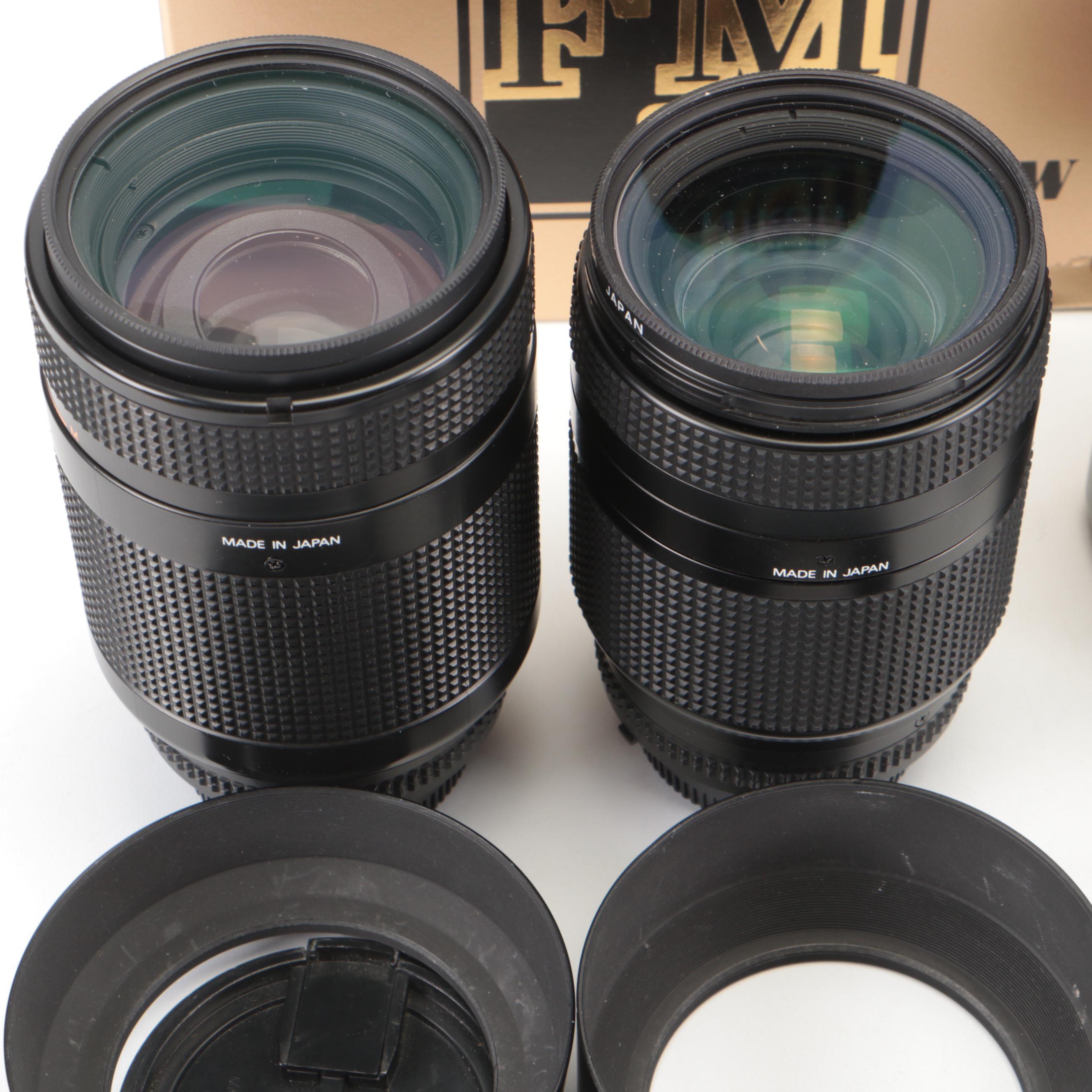 Nikon F100, AF N8008, FM2, F3 Cameras With Lenses, Lens Hood, Manuals