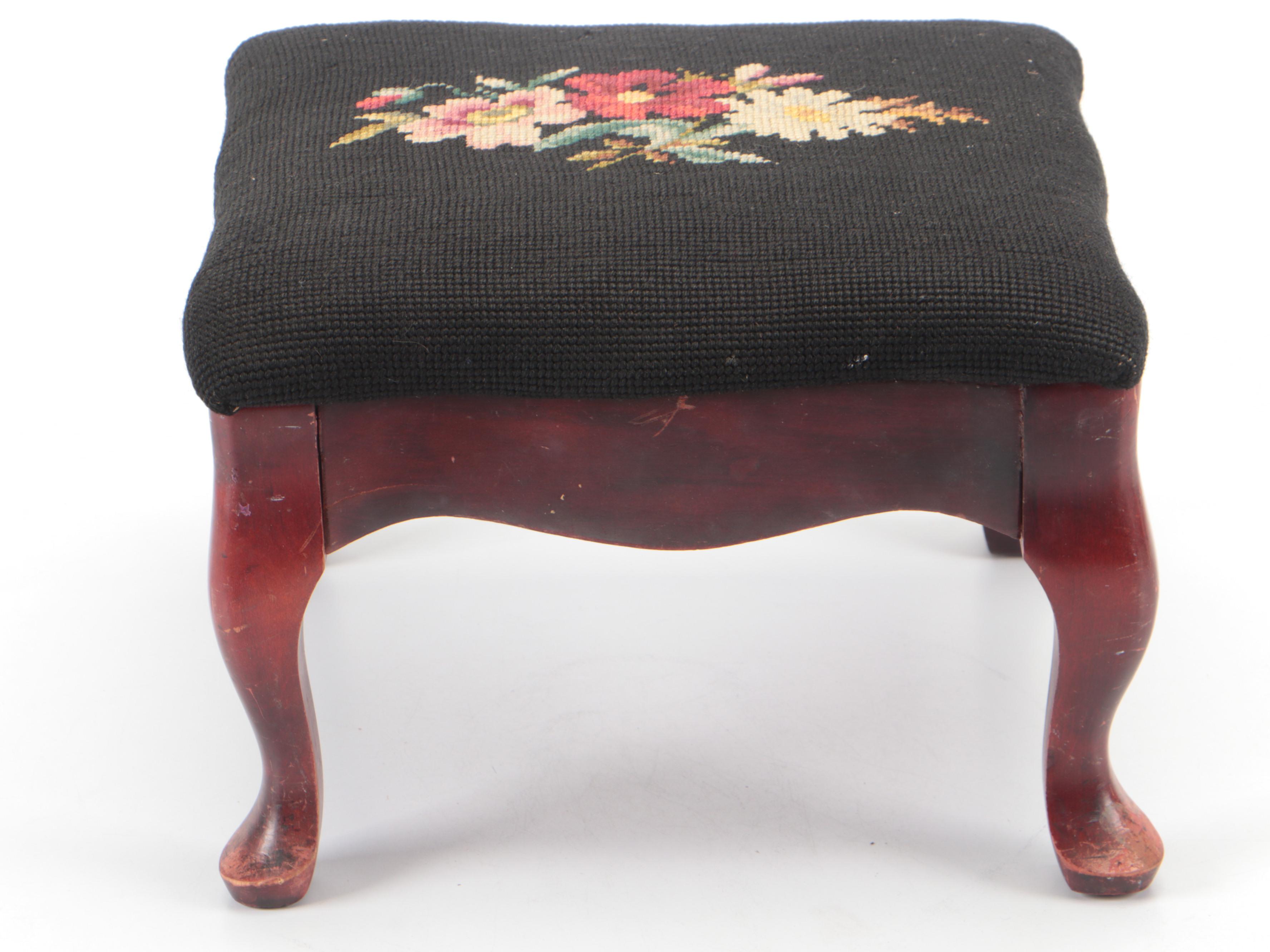 Floral Needlepoint Cushion Foot Stool