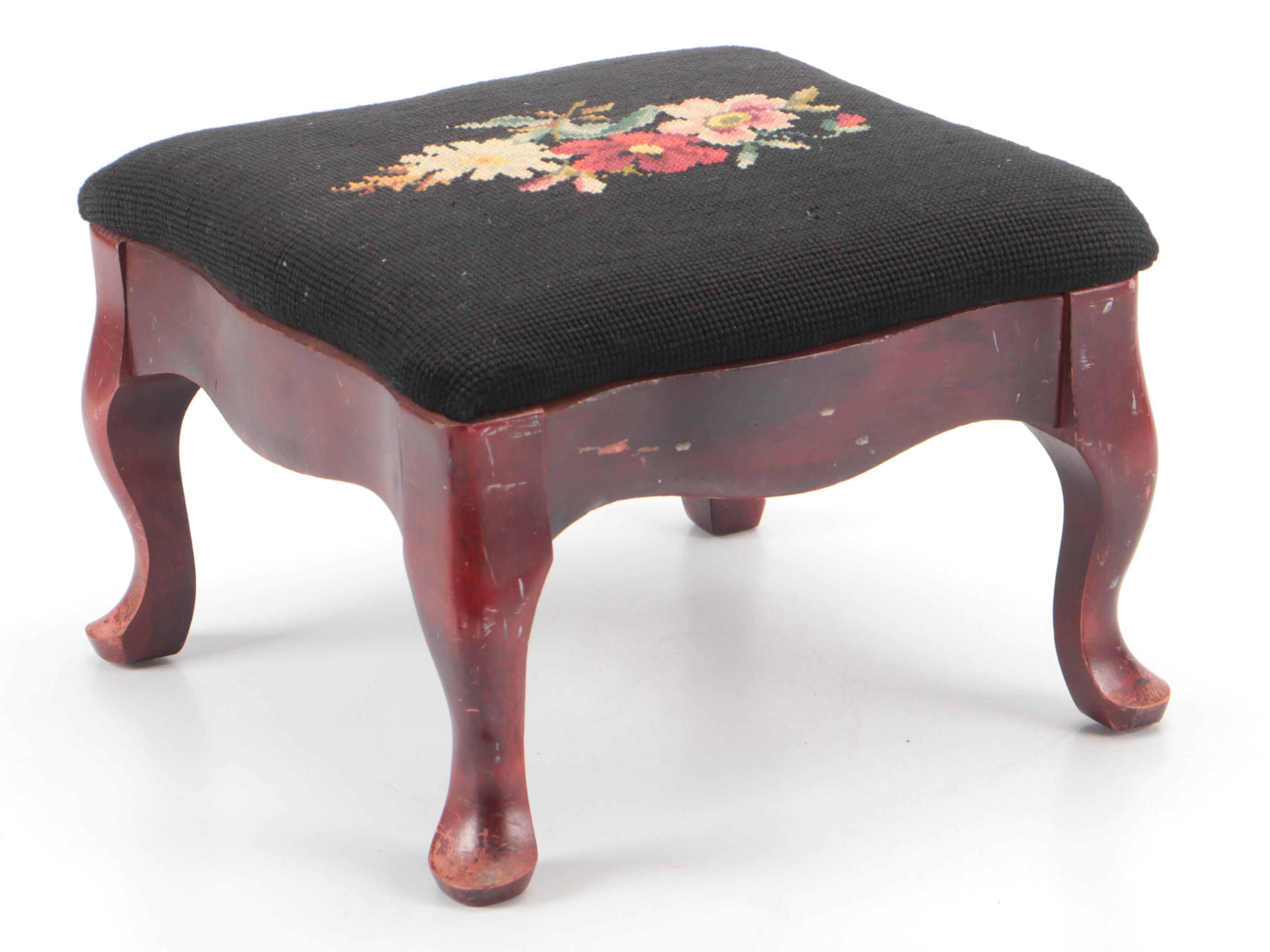 Floral Needlepoint Cushion Foot Stool