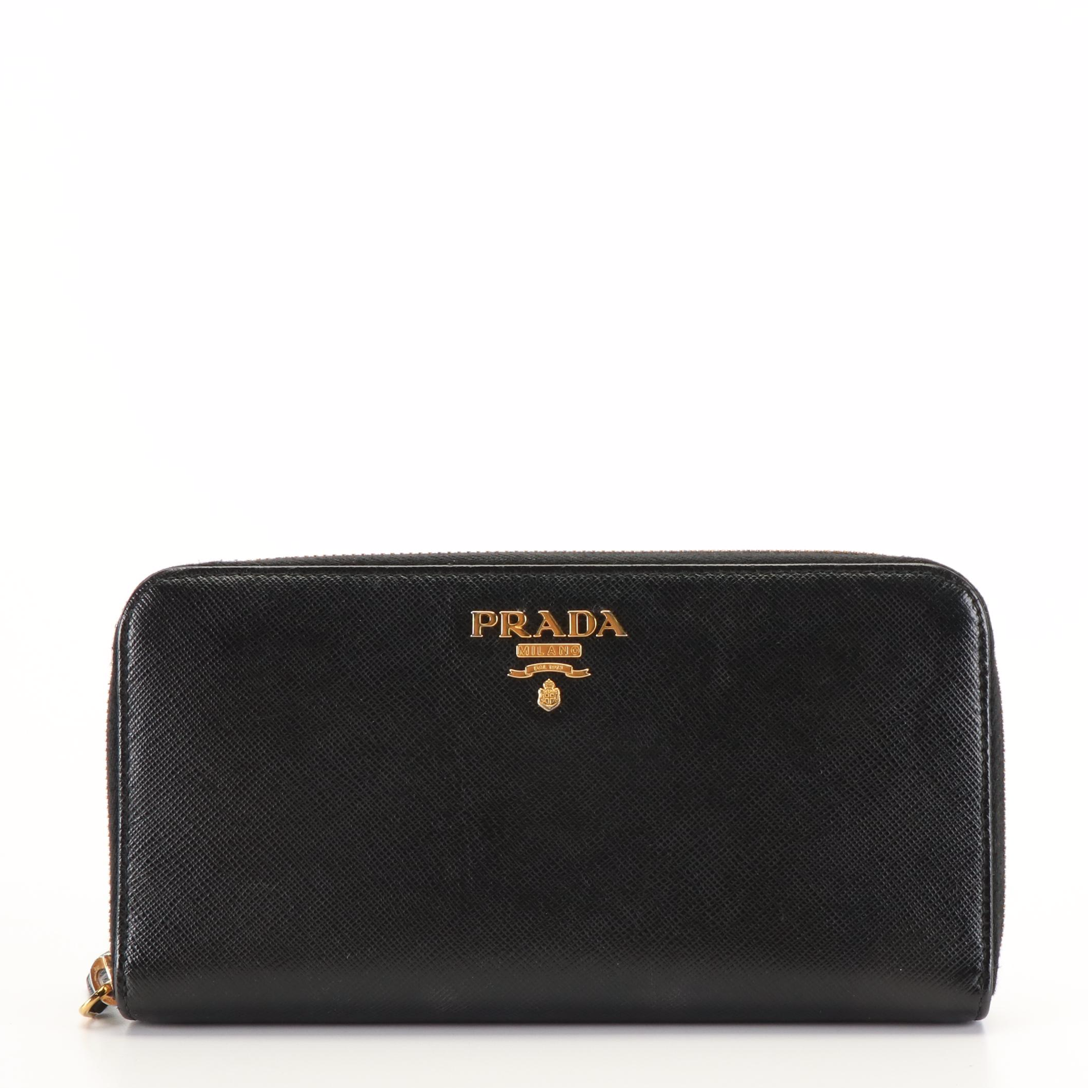 Prada Zip Around Long Wallet in Black Saffiano Lux Leather