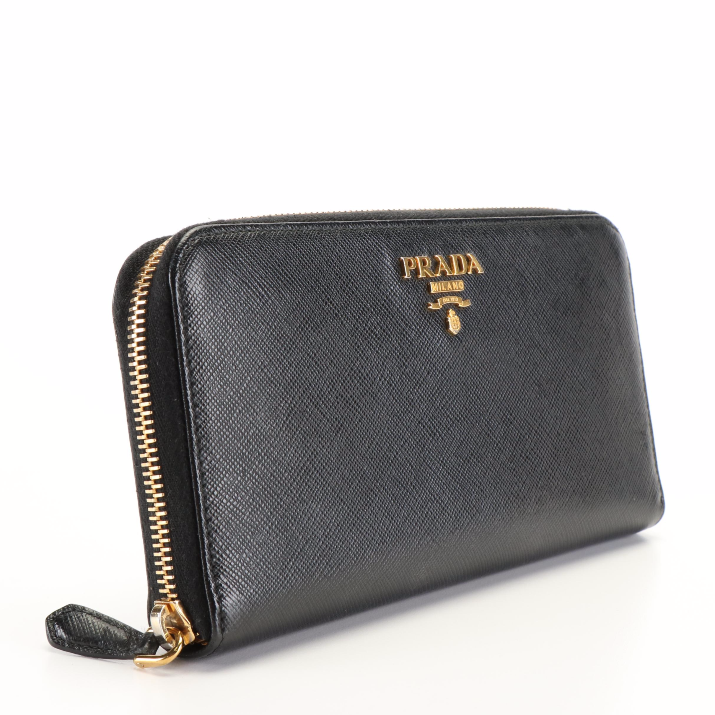 Prada Zip Around Long Wallet in Black Saffiano Lux Leather