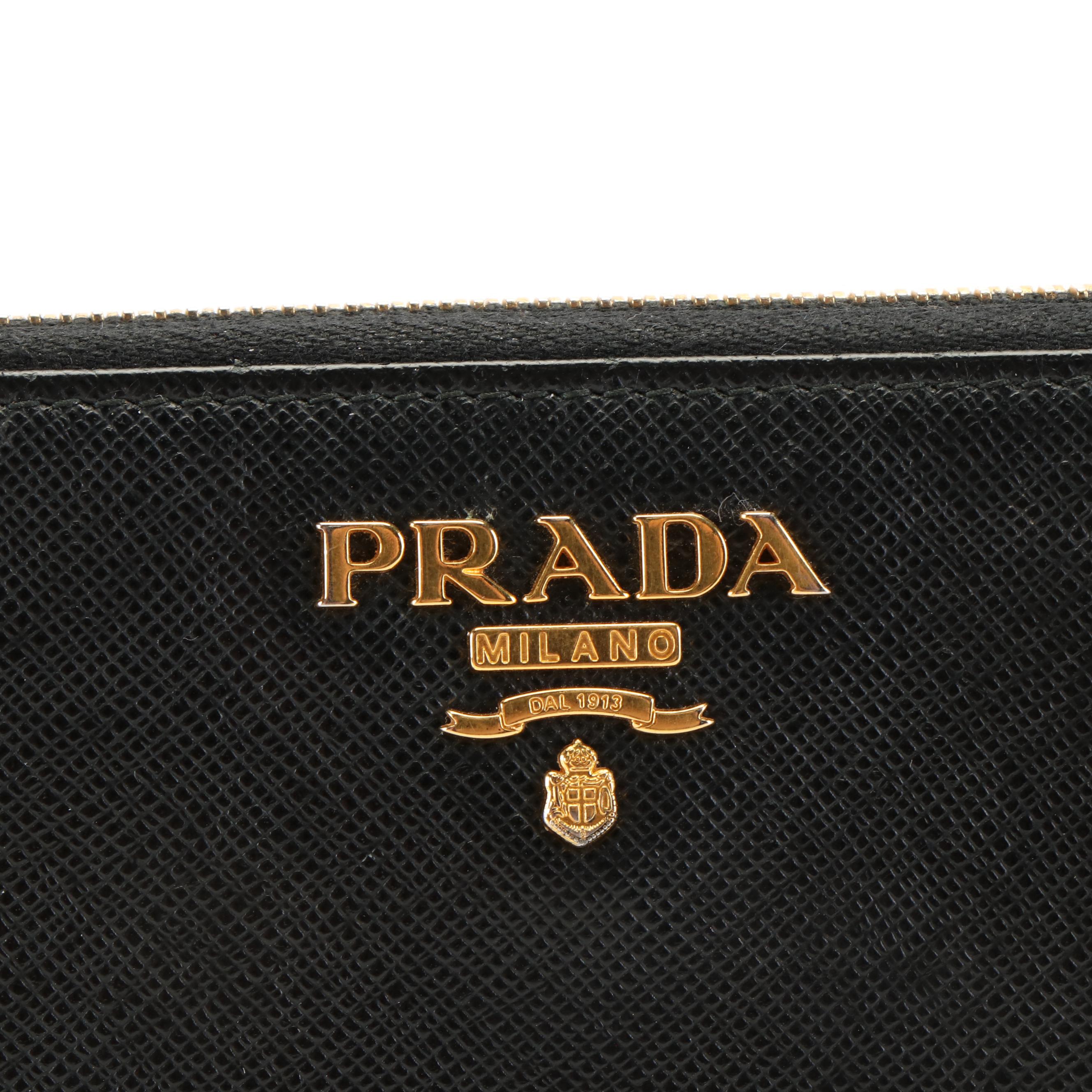 Prada Zip Around Long Wallet in Black Saffiano Lux Leather