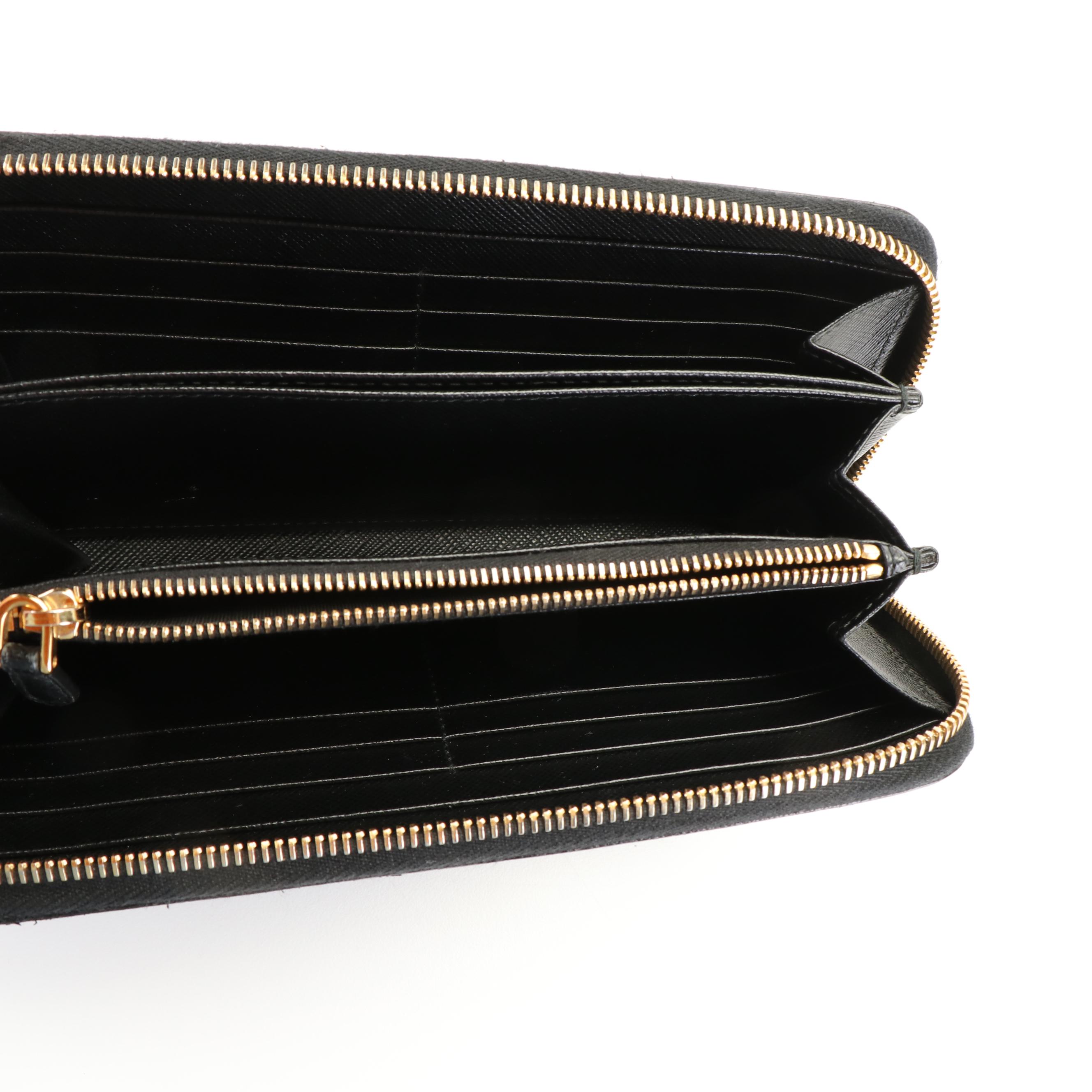 Prada Zip Around Long Wallet in Black Saffiano Lux Leather
