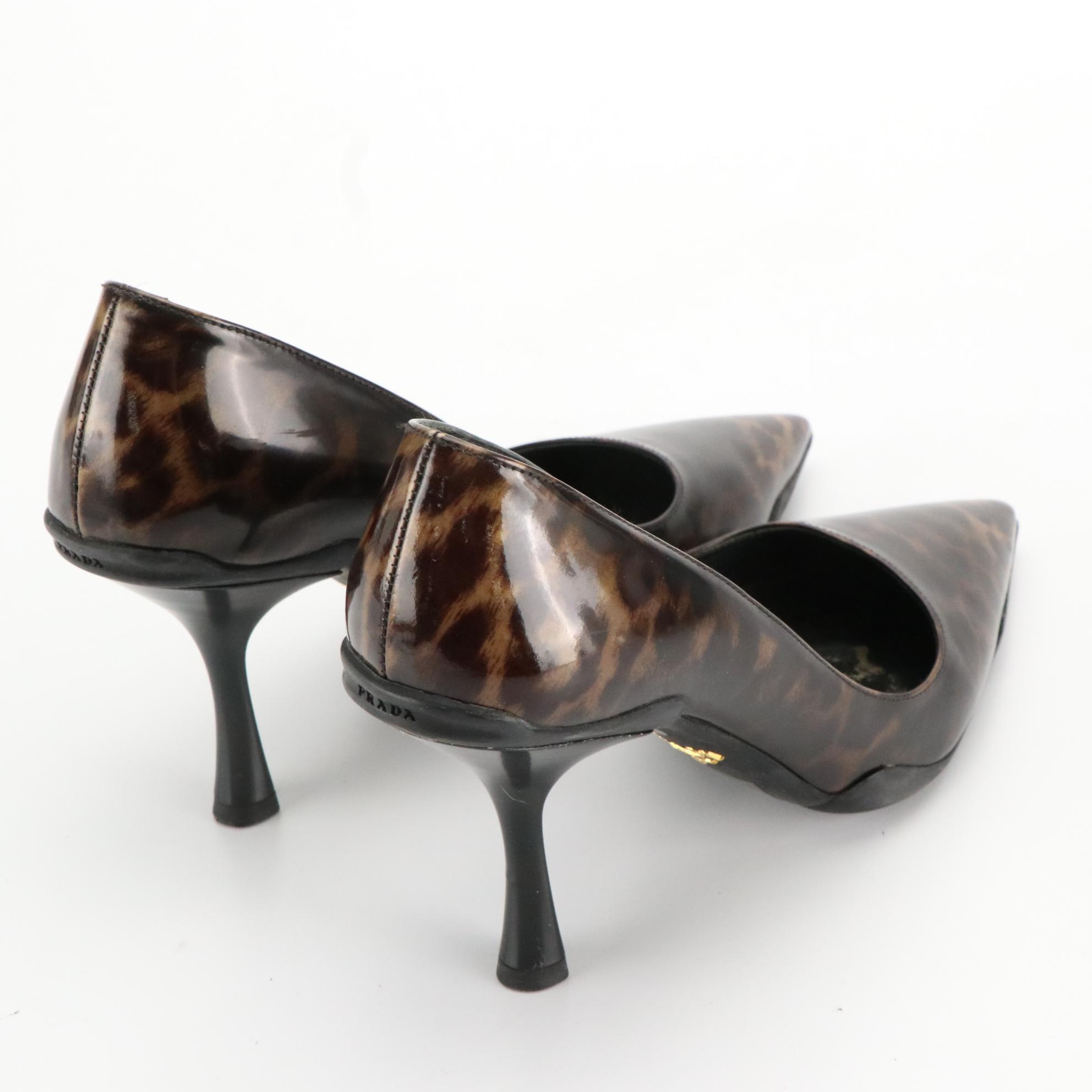 Prada Leopard Print Patent Leather Pointy Toe Pumps with Box