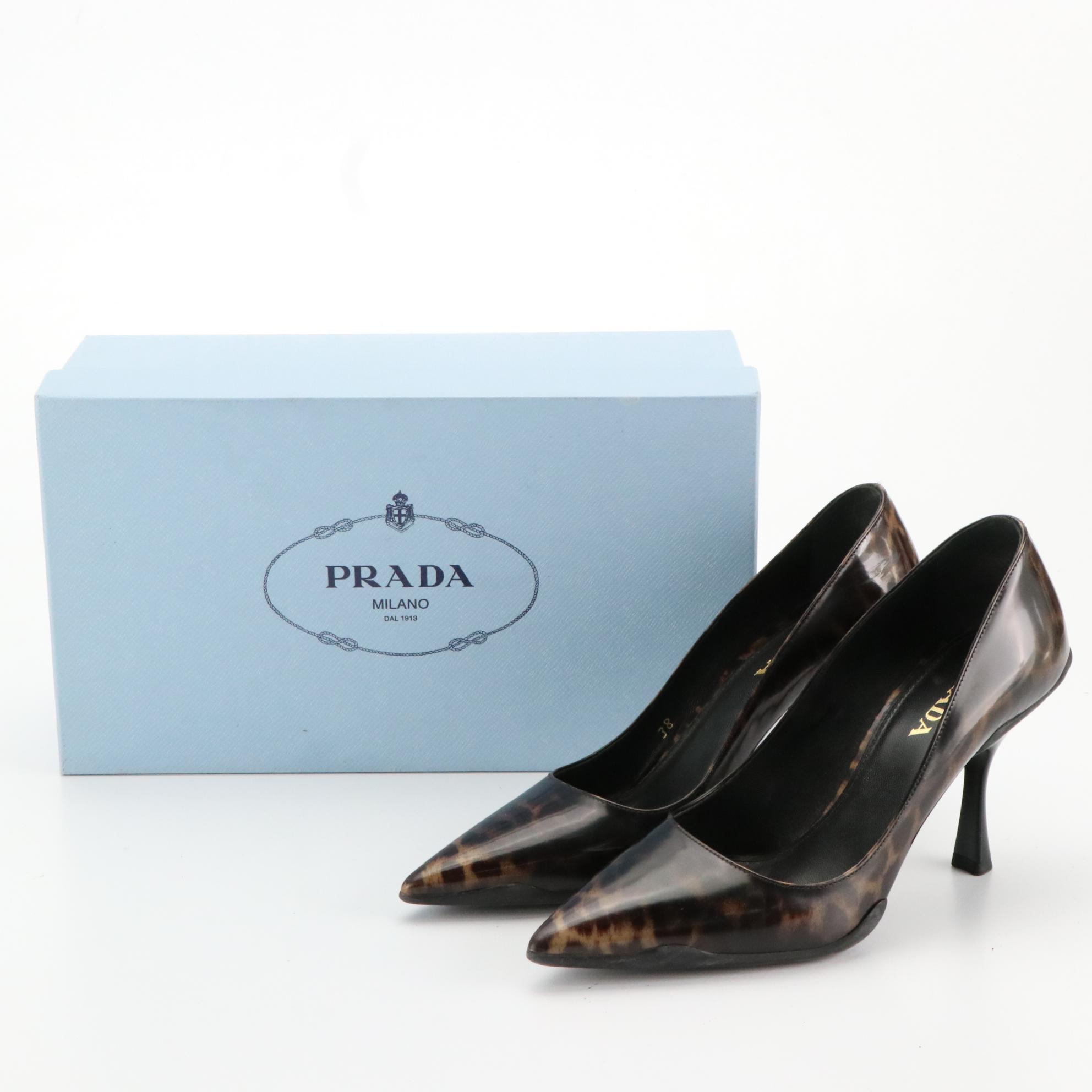 Prada Leopard Print Patent Leather Pointy Toe Pumps with Box