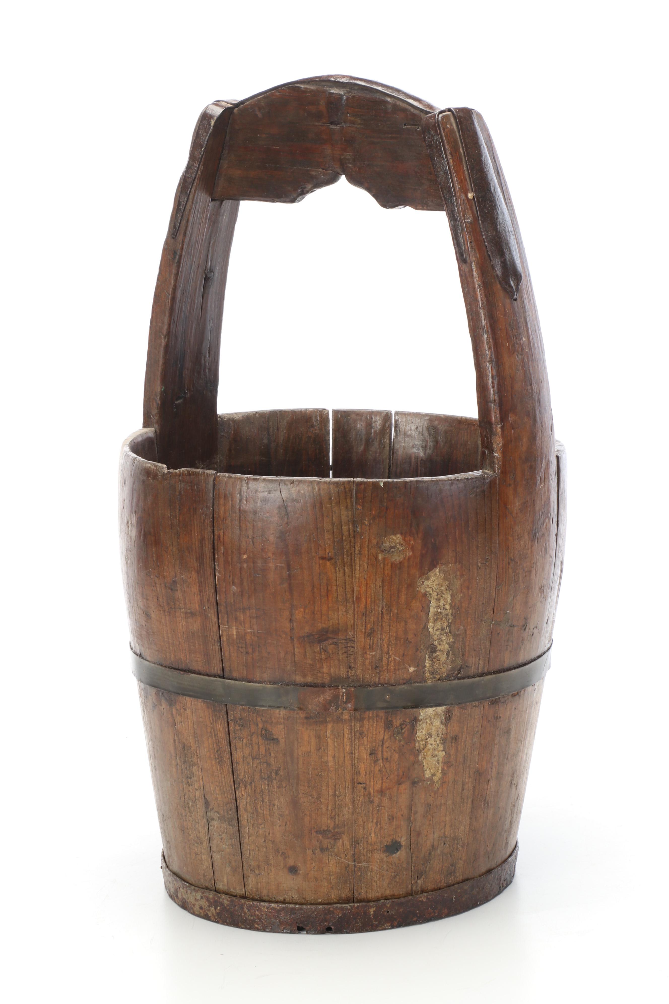 Primitive Iron-Bound Wooden Well Bucket