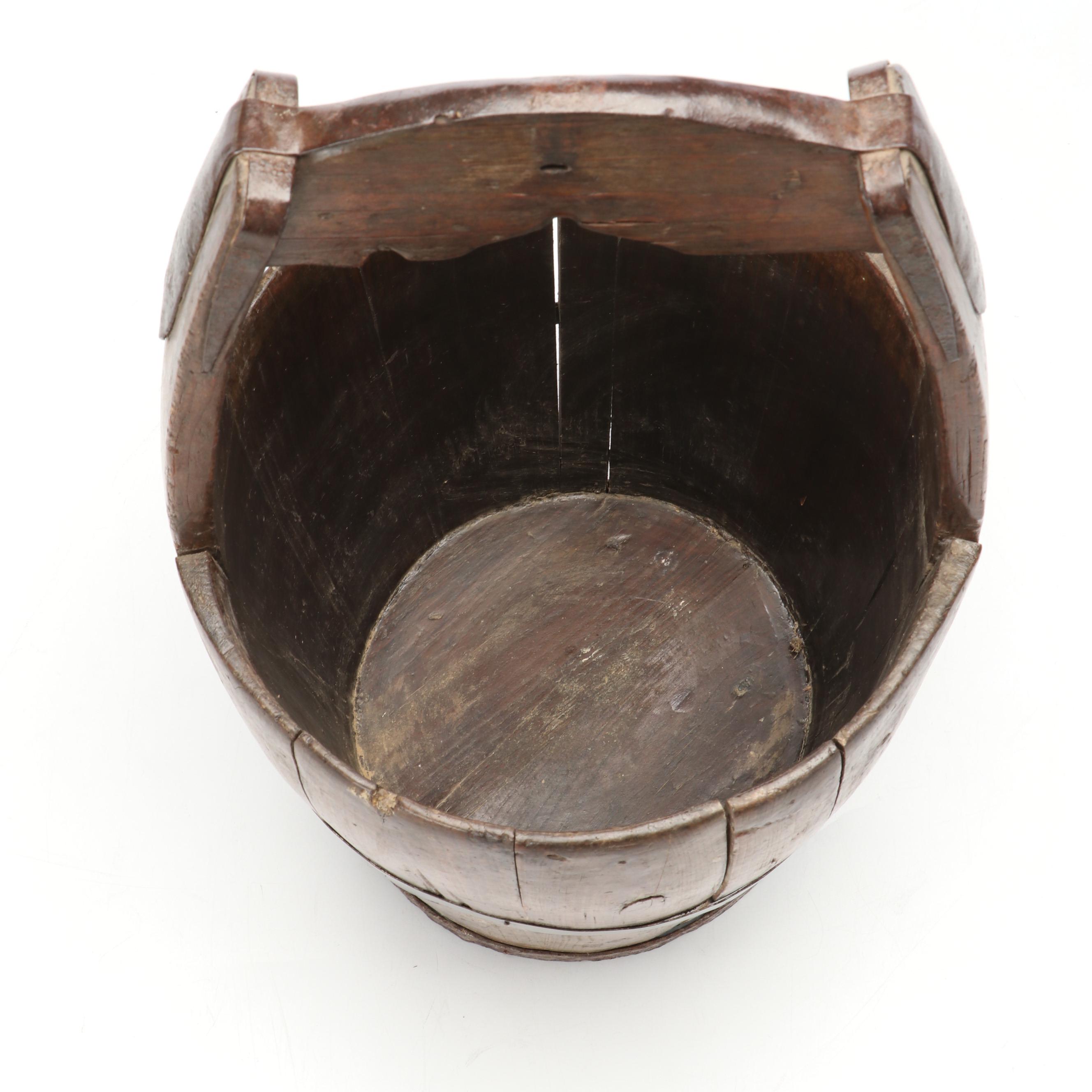 Primitive Iron-Bound Wooden Well Bucket