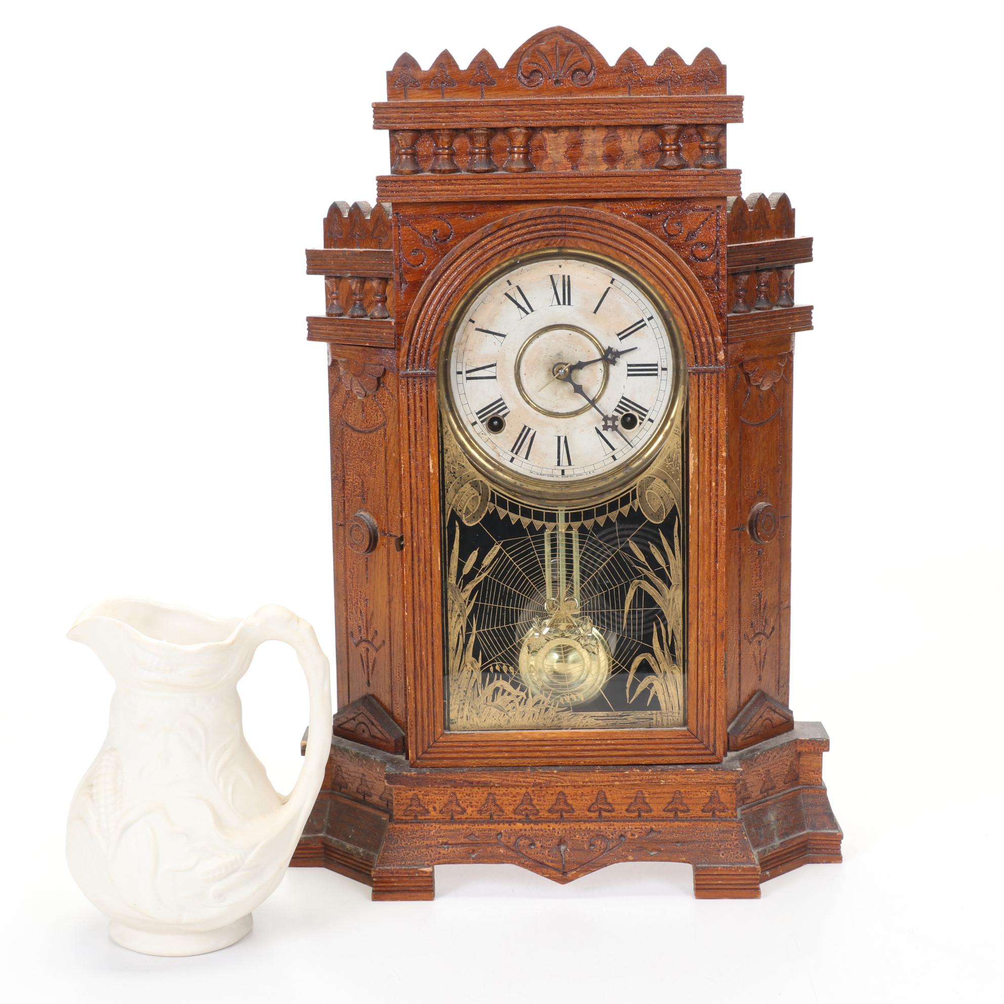Victorian Gilbert Shelf Clock and MMA Stoneware Corn Pitcher