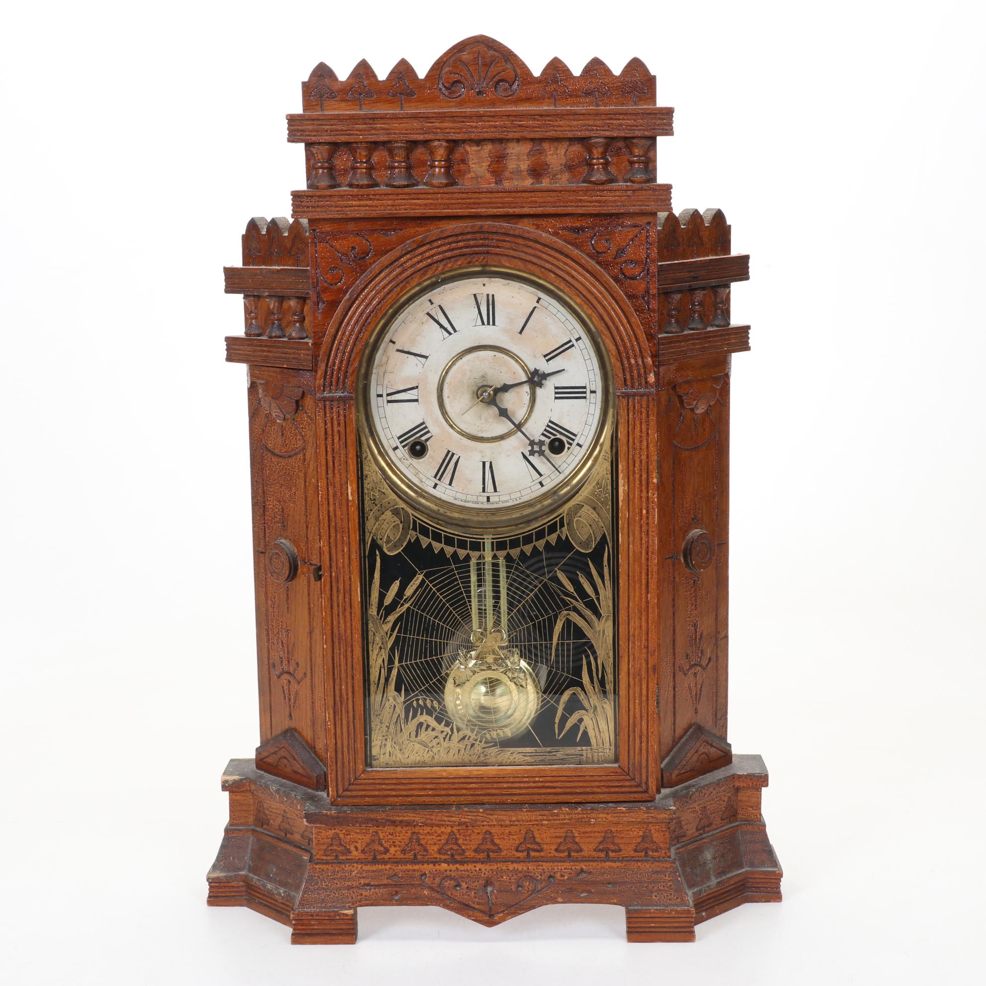 Victorian Gilbert Shelf Clock and MMA Stoneware Corn Pitcher