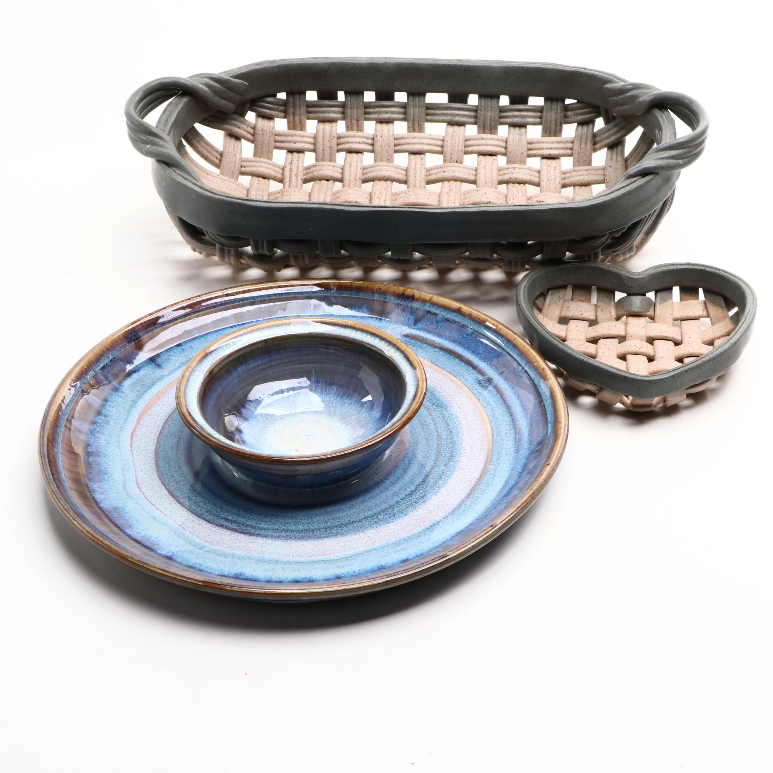 Artist Marked Woven Ceramic Art Pottery Baskets with Wheel Thrown Chip and Dip