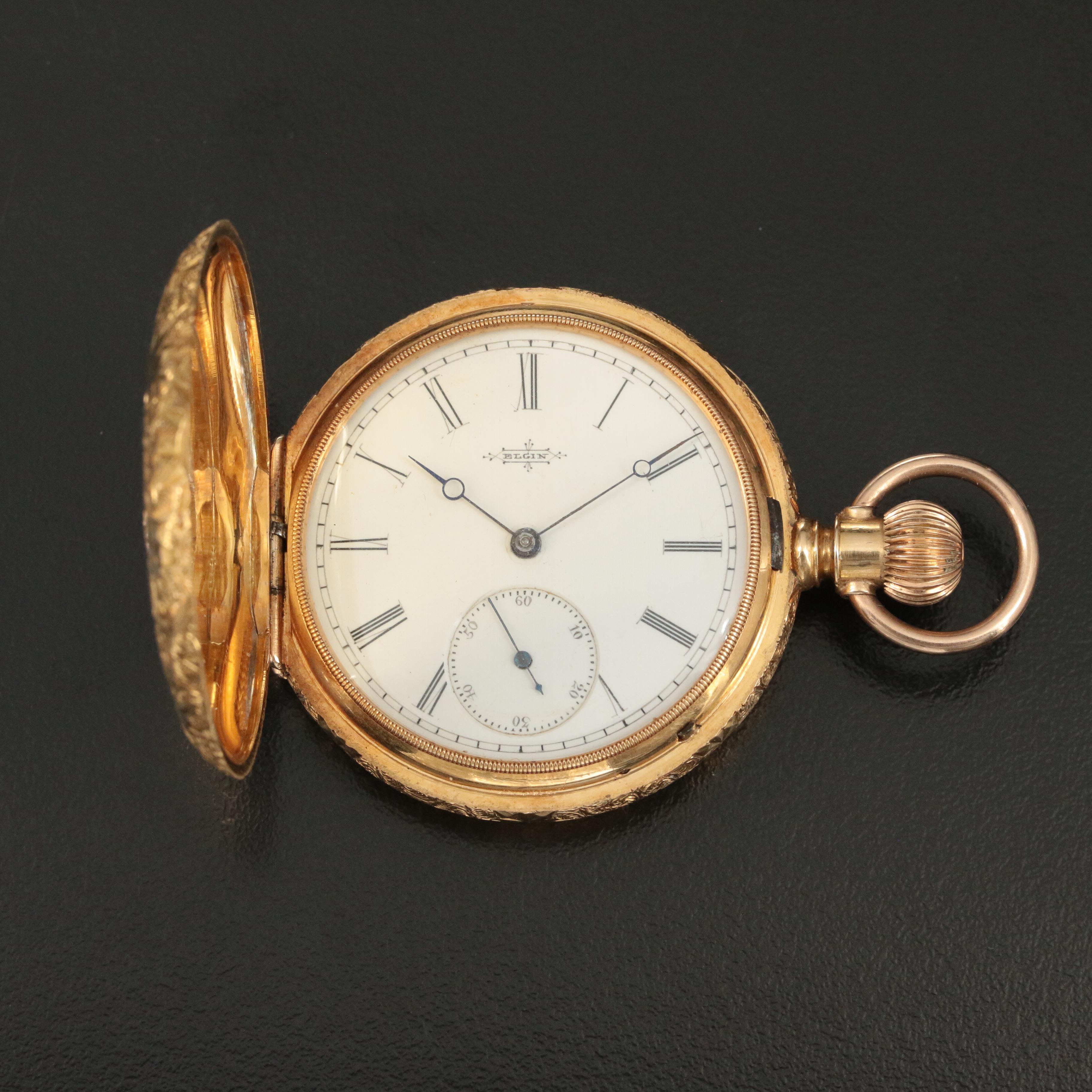 1884 18K Elgin Diamond and Ruby Decorated Hunting Case Pocket Watch