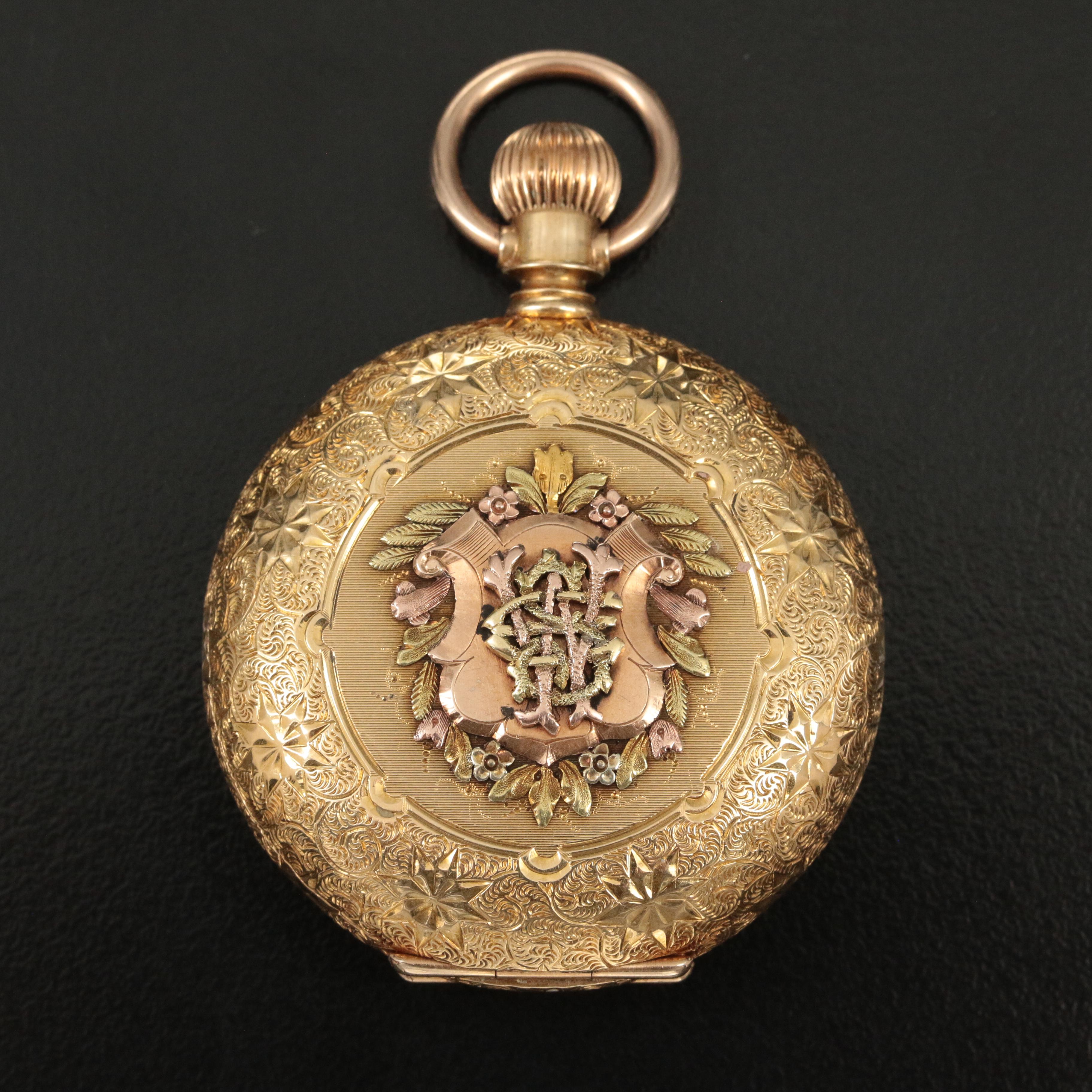 1884 18K Elgin Diamond and Ruby Decorated Hunting Case Pocket Watch