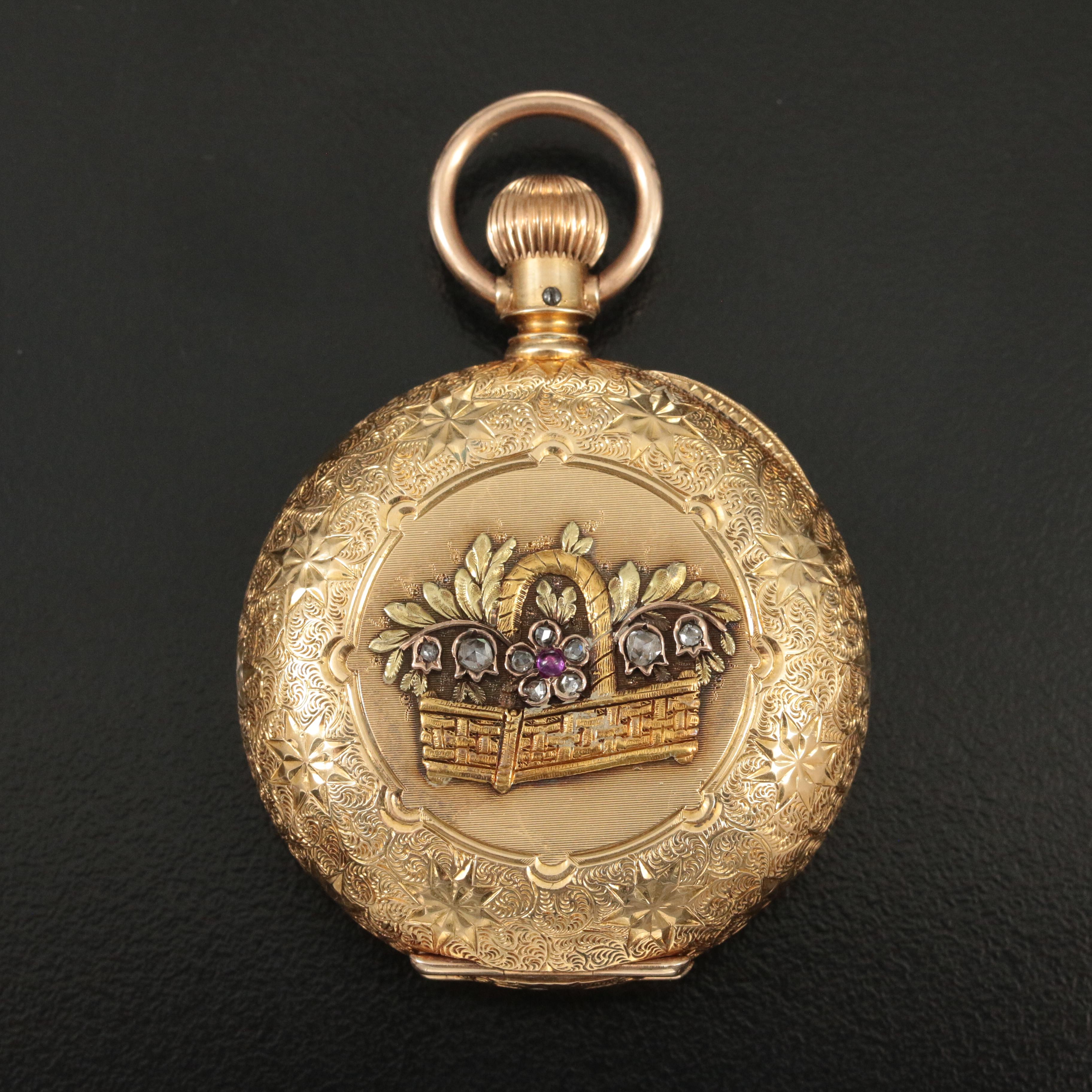 1884 18K Elgin Diamond and Ruby Decorated Hunting Case Pocket Watch