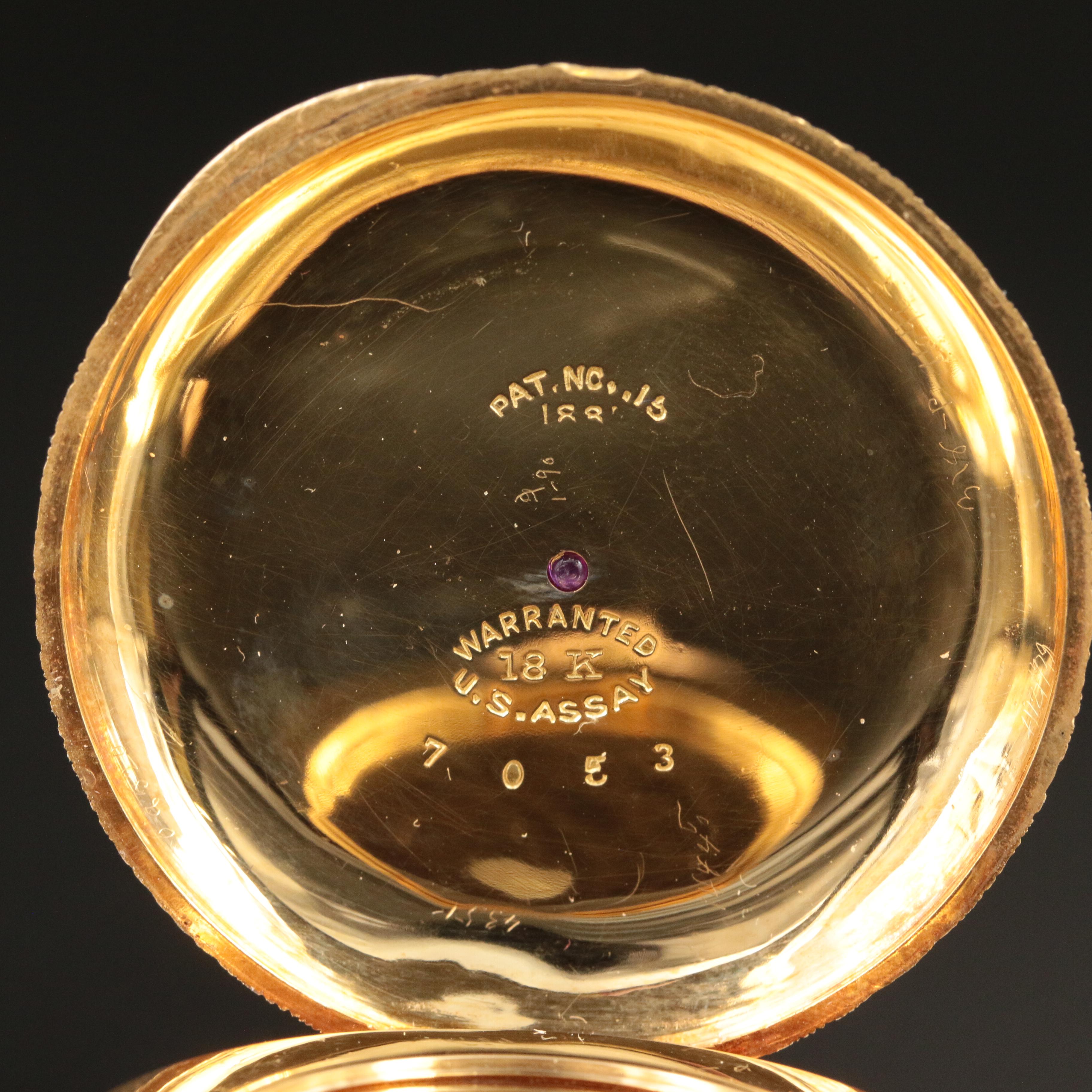 1884 18K Elgin Diamond and Ruby Decorated Hunting Case Pocket Watch