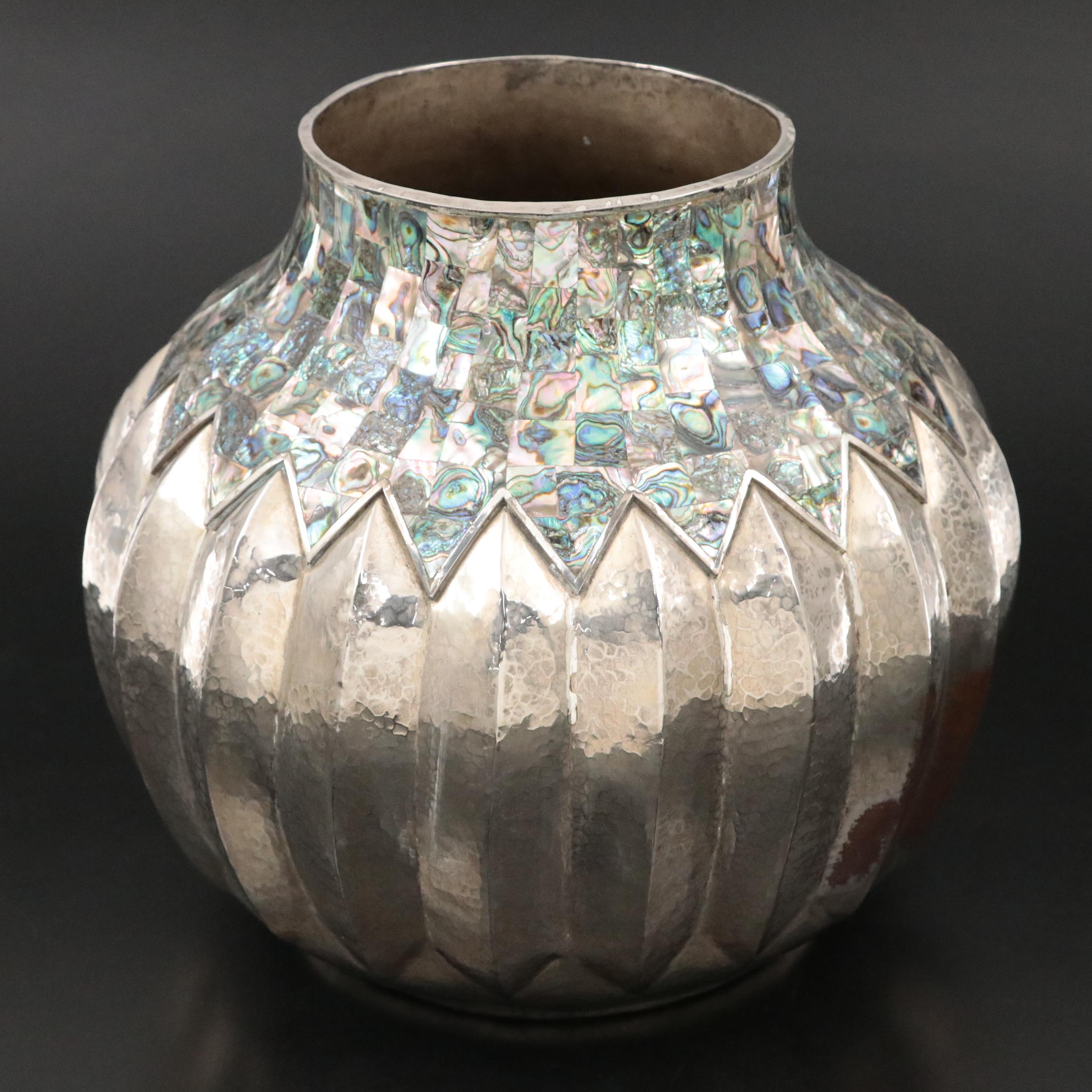 Large Mexican Silver-Plated and Abalone Inlay Lobed Vase, Mid-20th Century