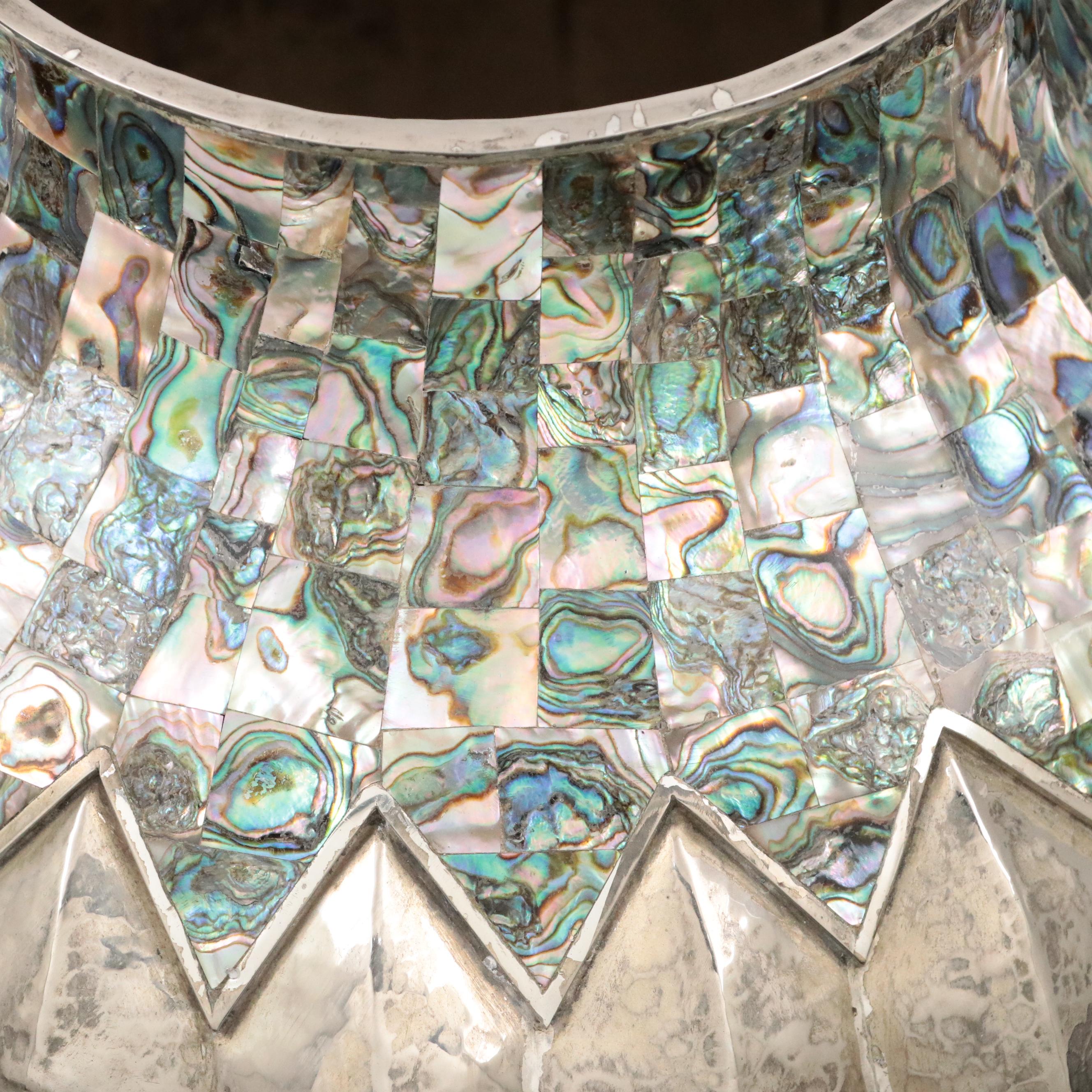 Large Mexican Silver-Plated and Abalone Inlay Lobed Vase, Mid-20th Century