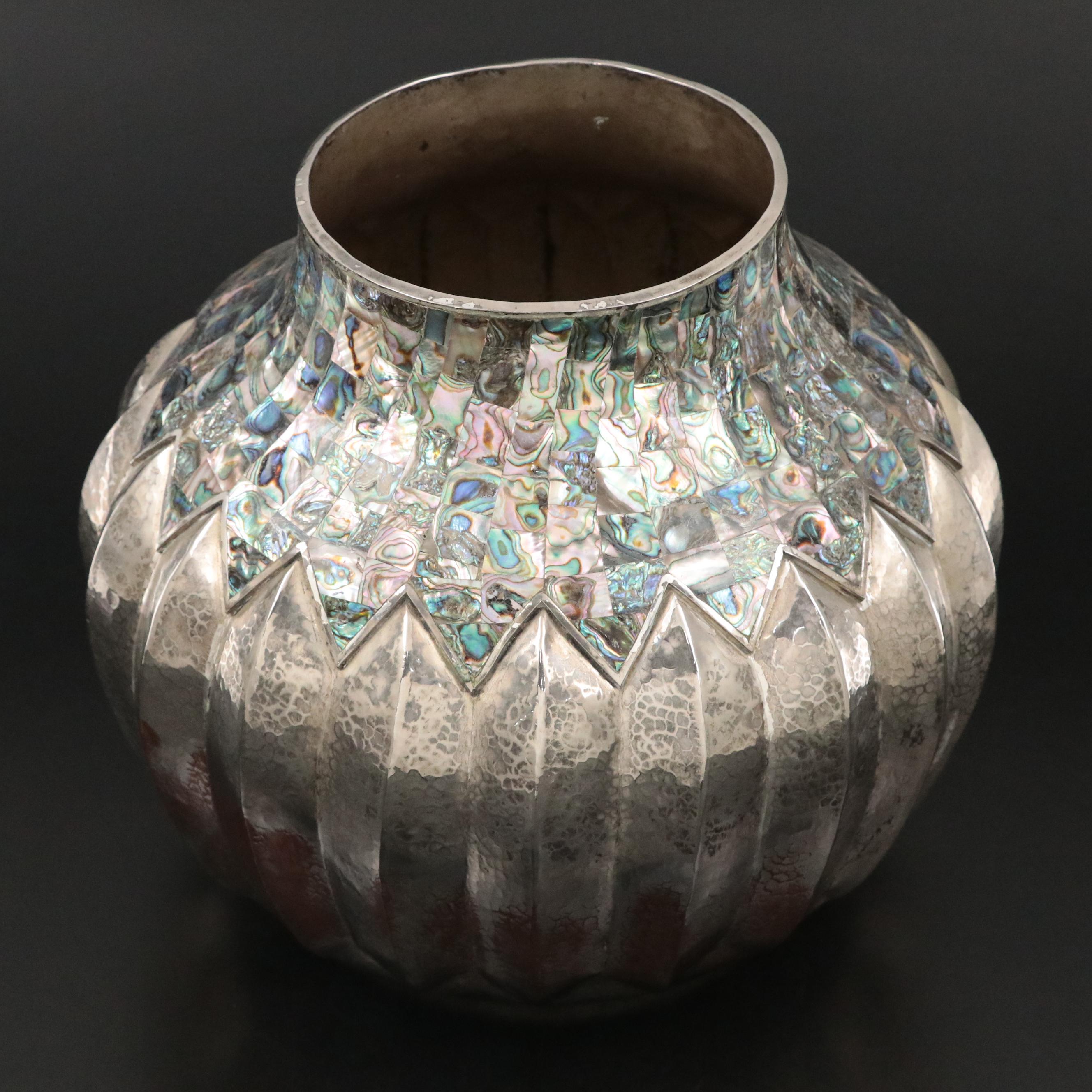 Large Mexican Silver-Plated and Abalone Inlay Lobed Vase, Mid-20th Century