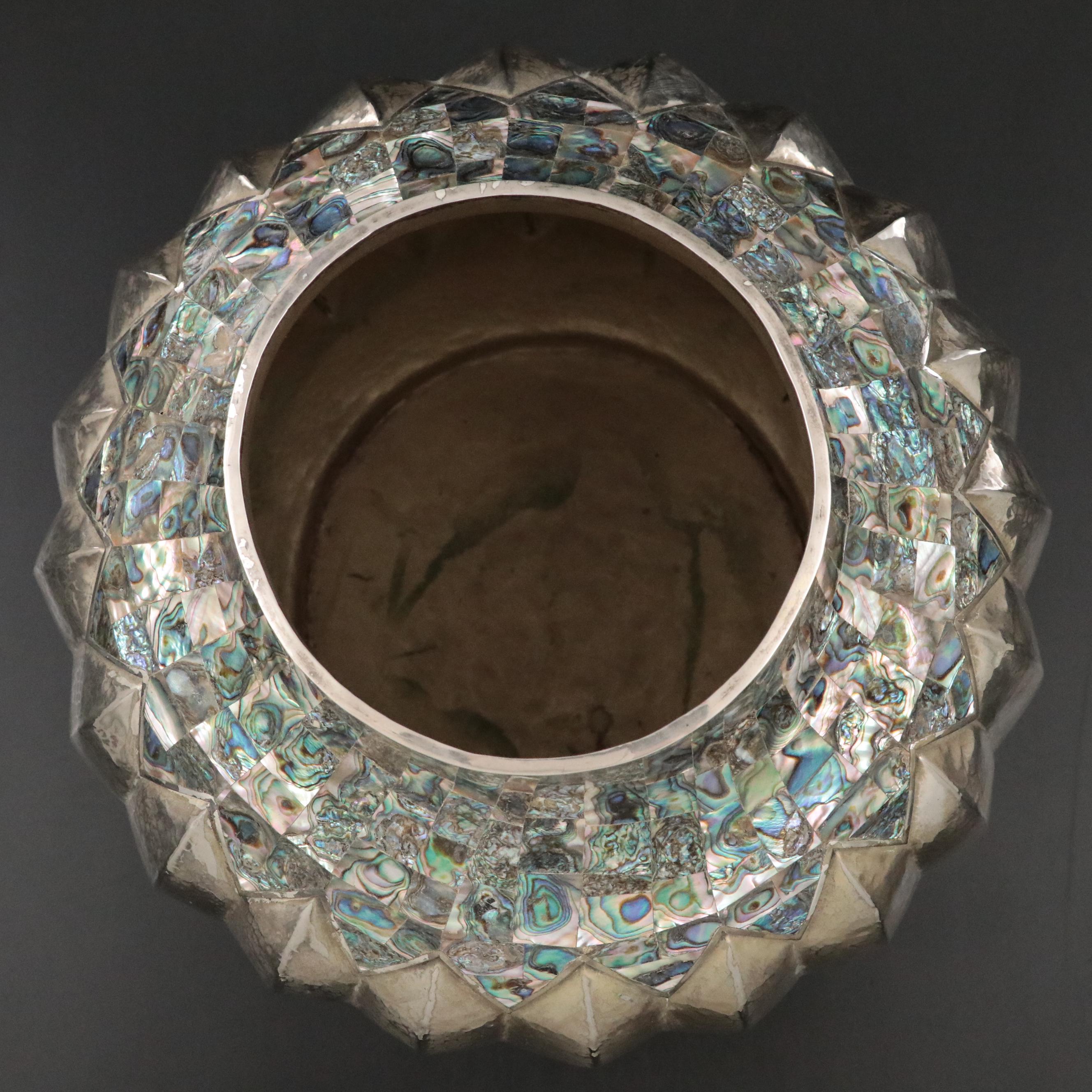 Large Mexican Silver-Plated and Abalone Inlay Lobed Vase, Mid-20th Century
