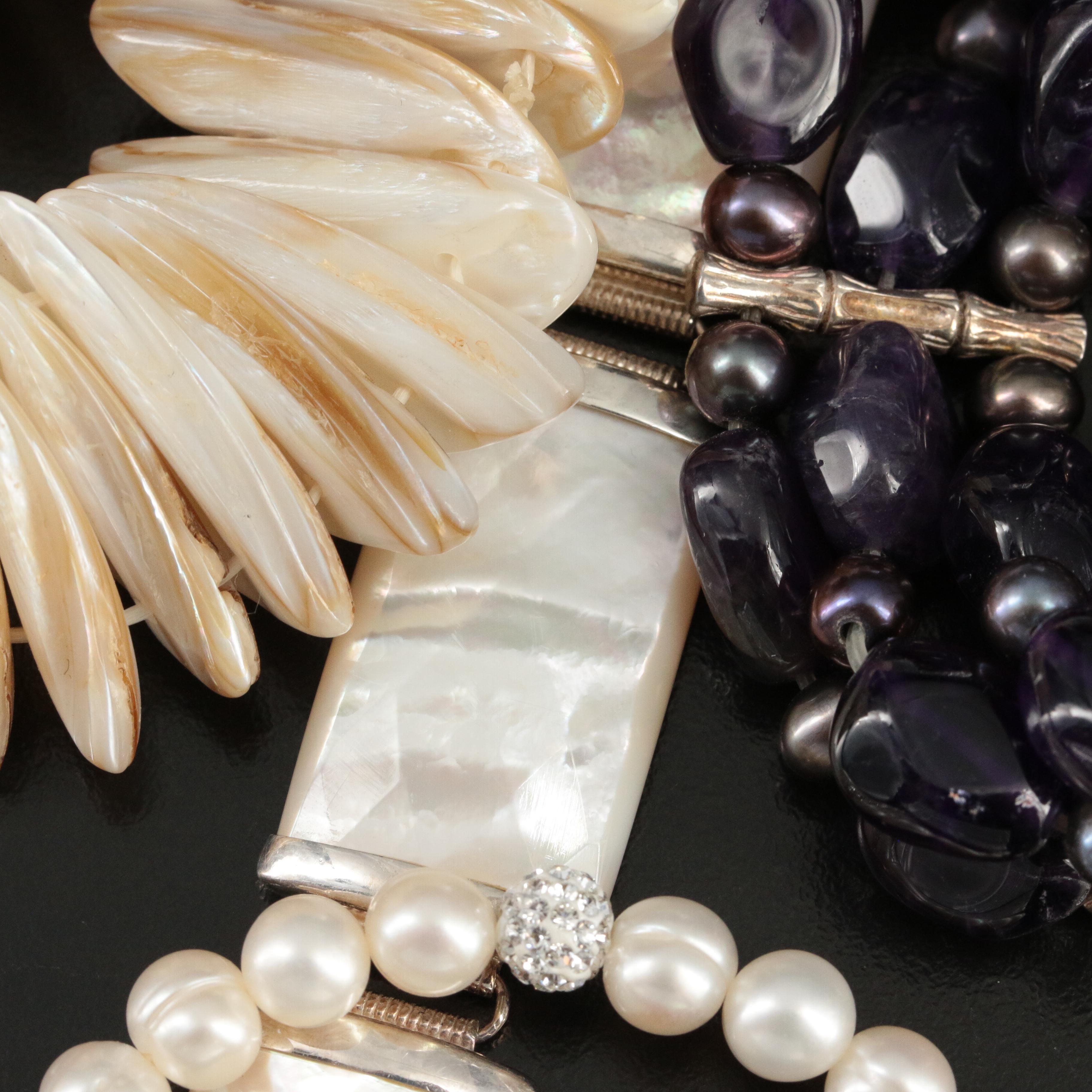 Sterling Mother of Pearl, Pearl, Amethyst and Gemstone Bracelet with Esposito