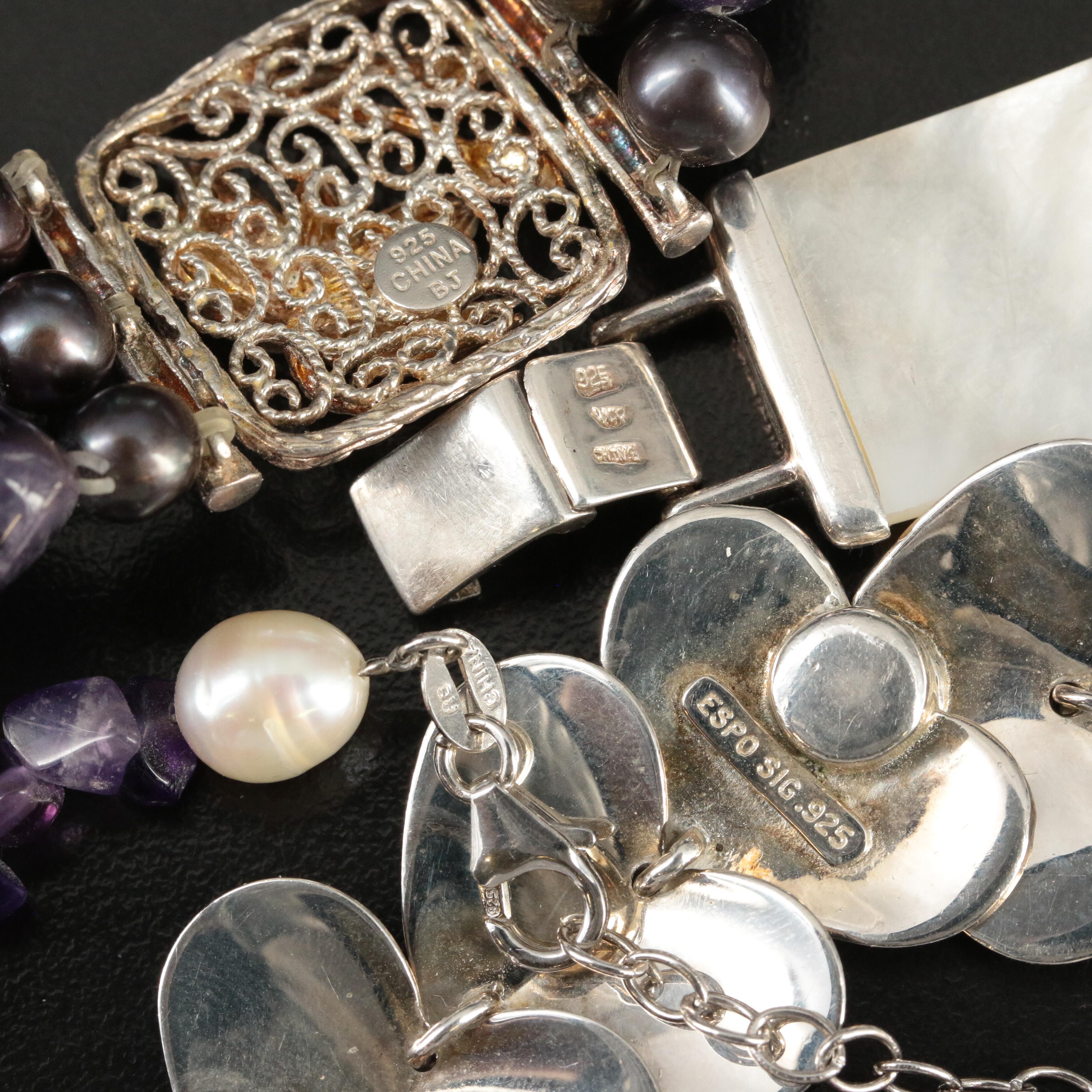 Sterling Mother of Pearl, Pearl, Amethyst and Gemstone Bracelet with Esposito