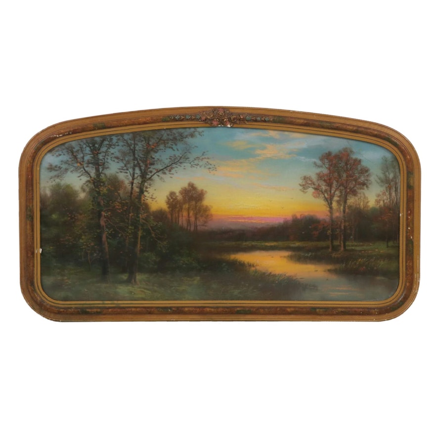 Landscape Pastel Painting Of Pastoral Sunset, Early 20th Century