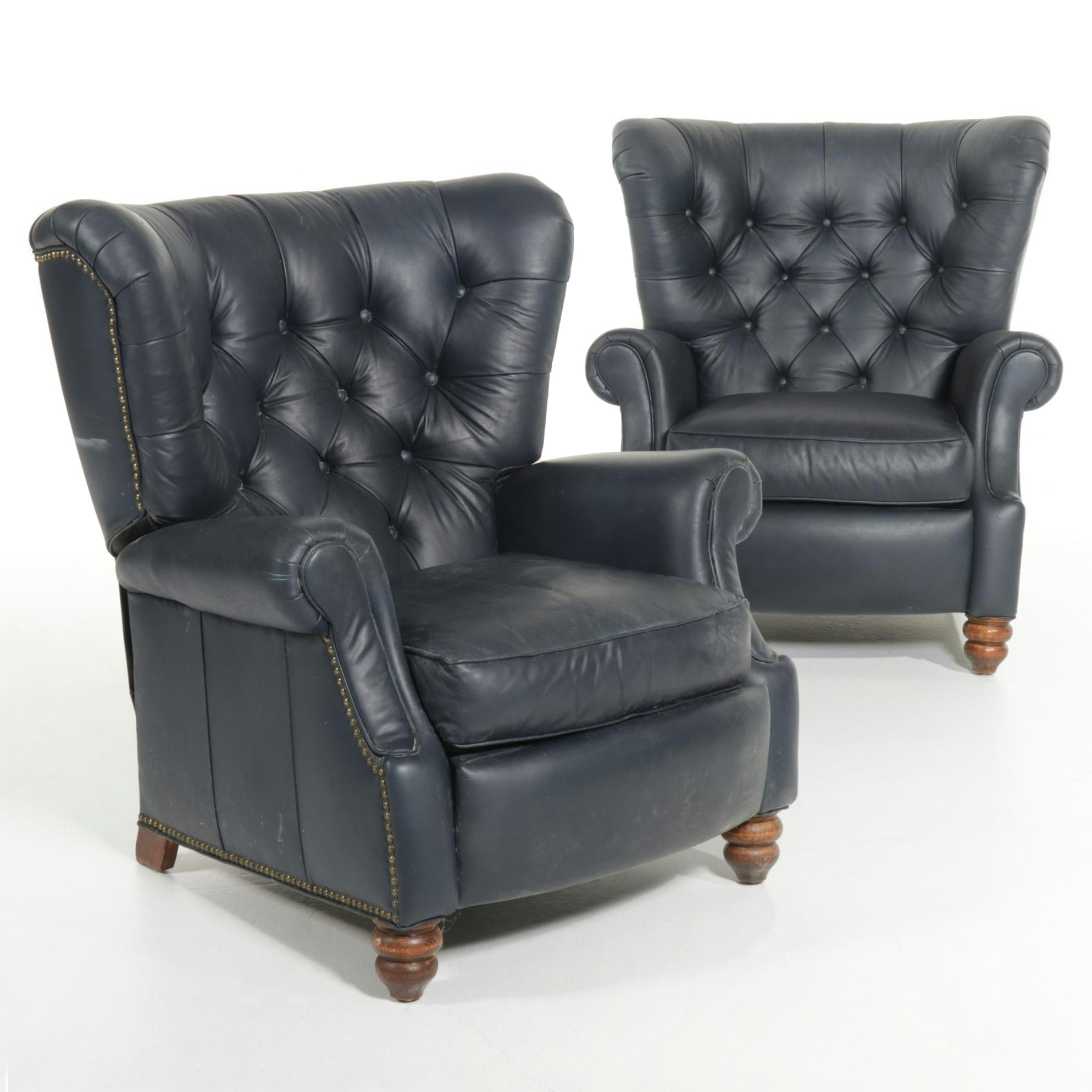 Pair of Button-Tufted and Brass-Tacked Faux Leather Recliners
