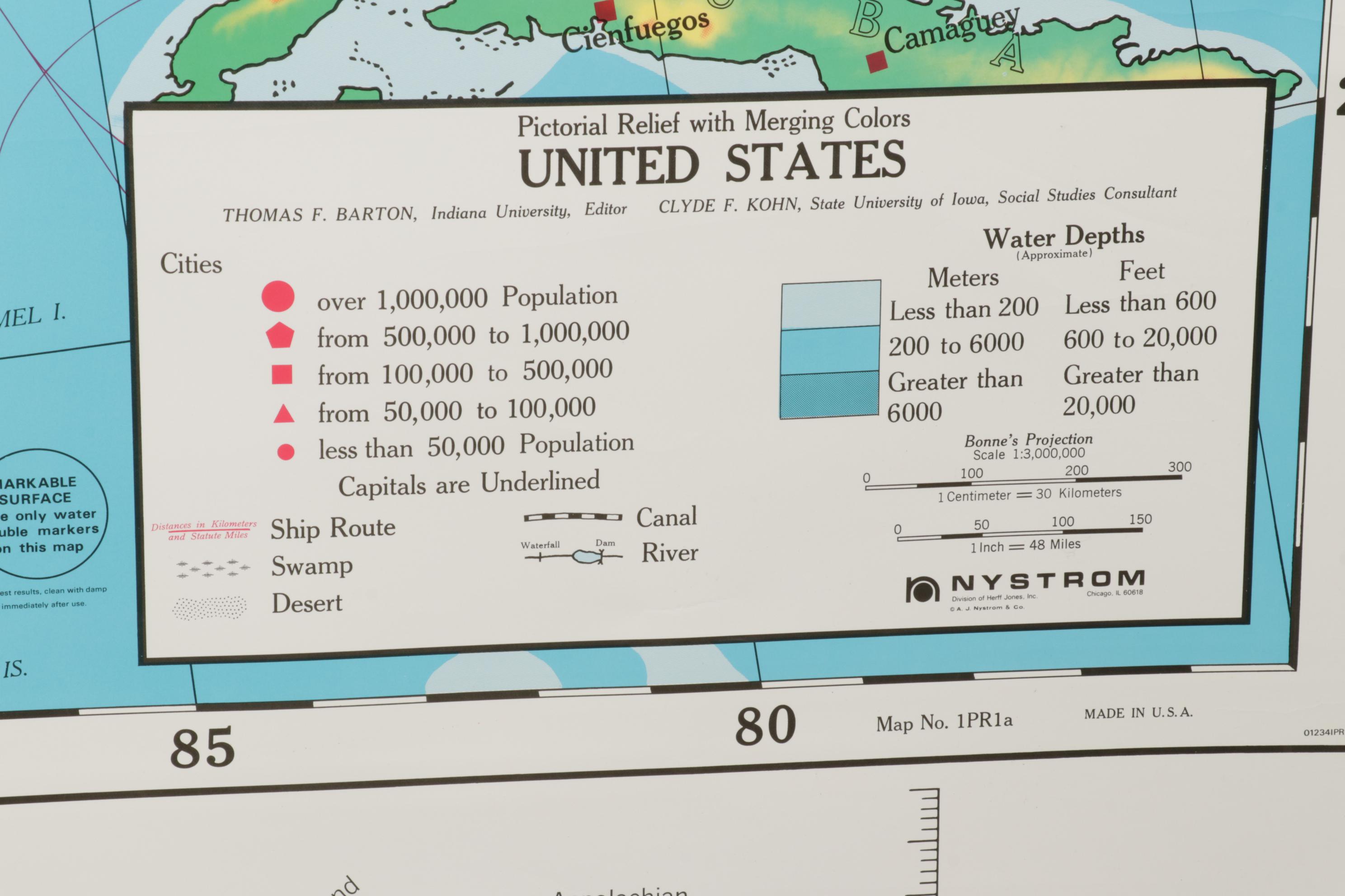 Nystrom United States Pictorial Relief Retractable Wall Map, Late 20th Century