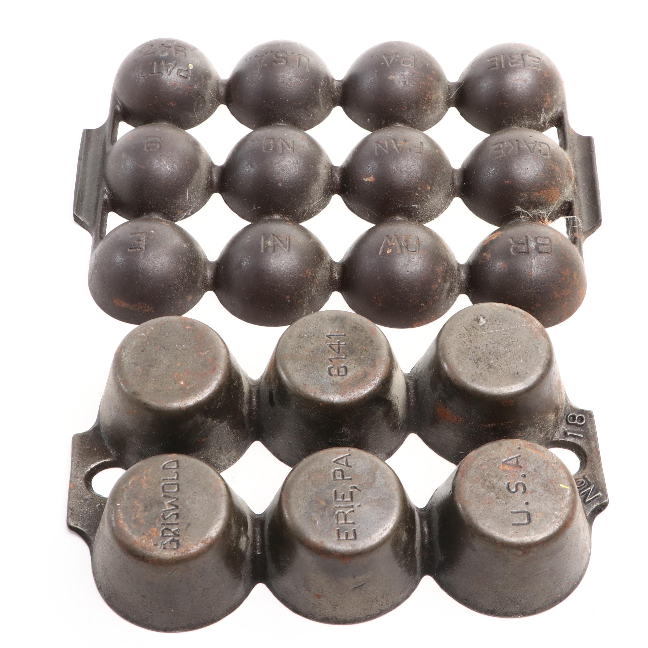 Griswold Cast Iron Corn Stick Pans, Muffin Pan, and Brownie Cake Pan, 20th C.