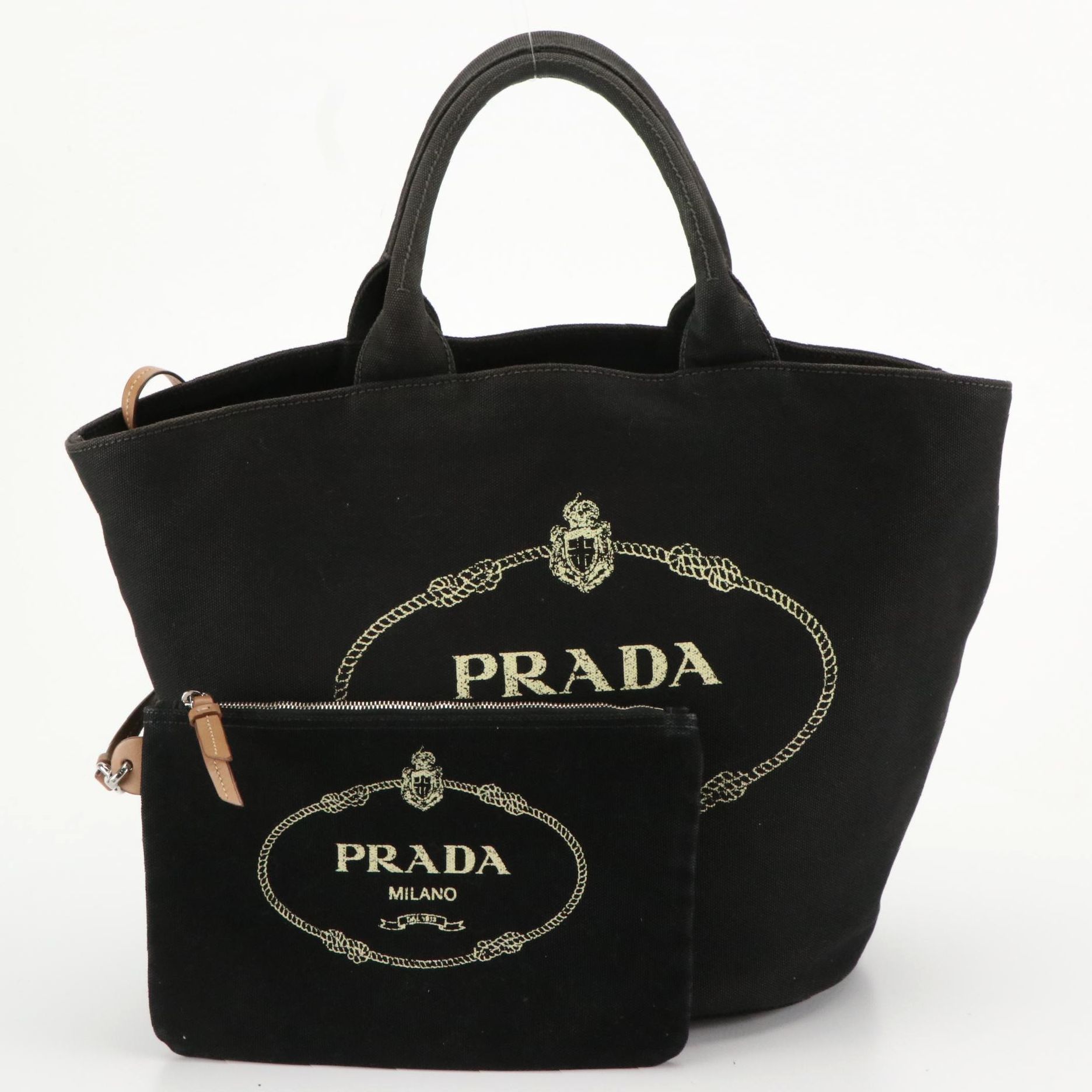 Prada Black Canvas Canapa Convertible Two-Way Bucket Tote and Zip Pouch