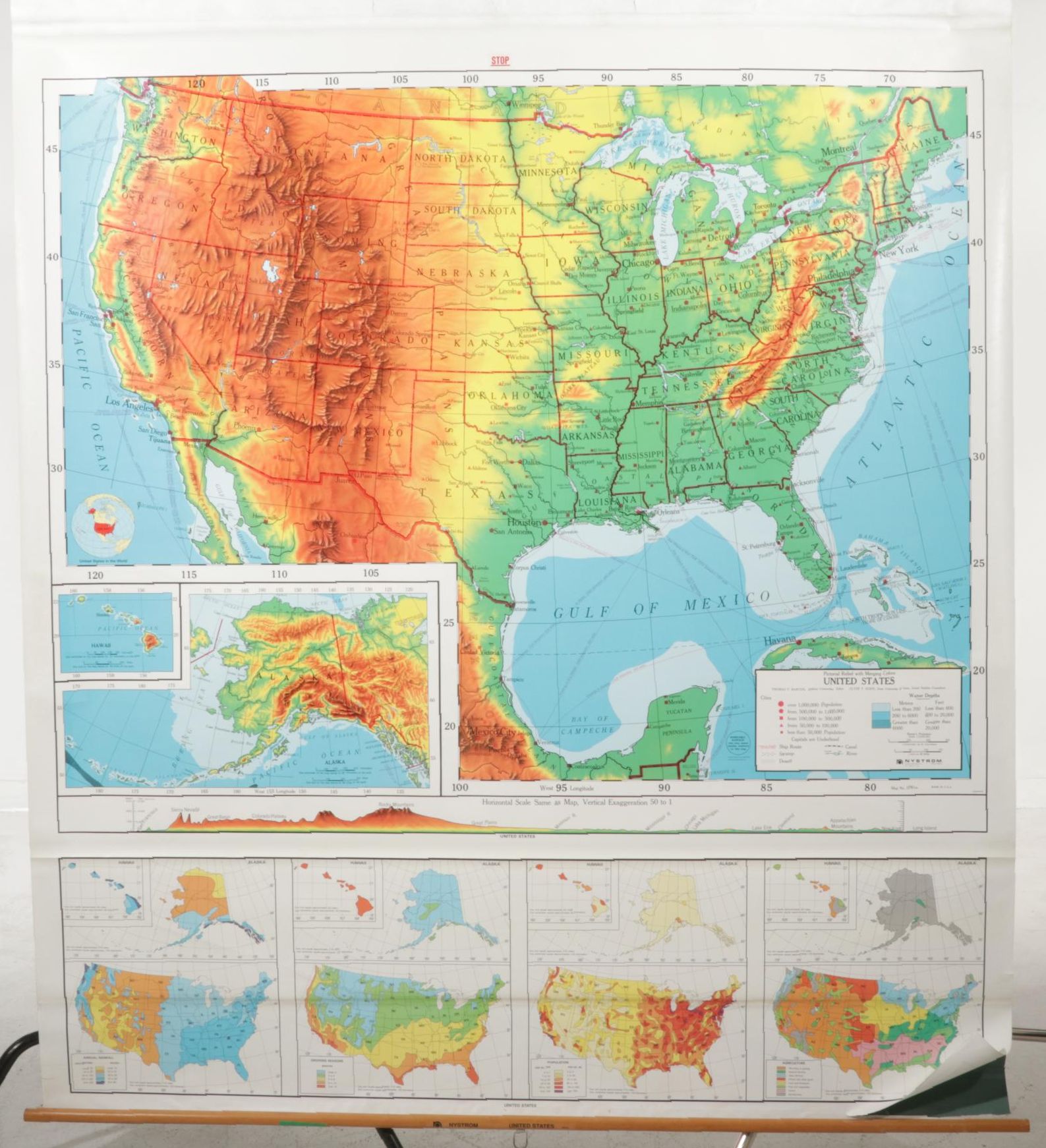 Nystrom United States Pictorial Relief Retractable Wall Map, Late 20th Century