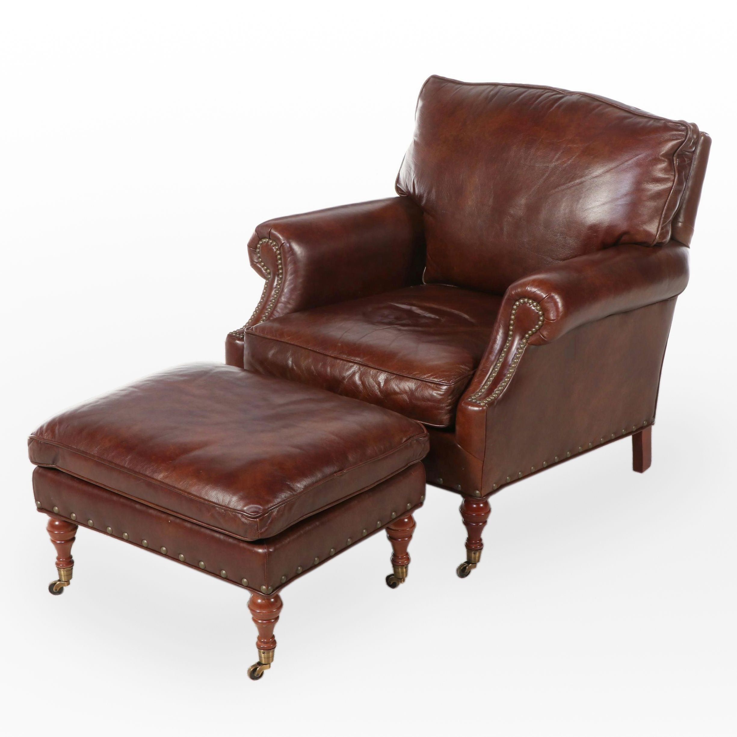 McKinley Leather of Hickory Brown Leather Club Chair and Ottoman with Nailheads