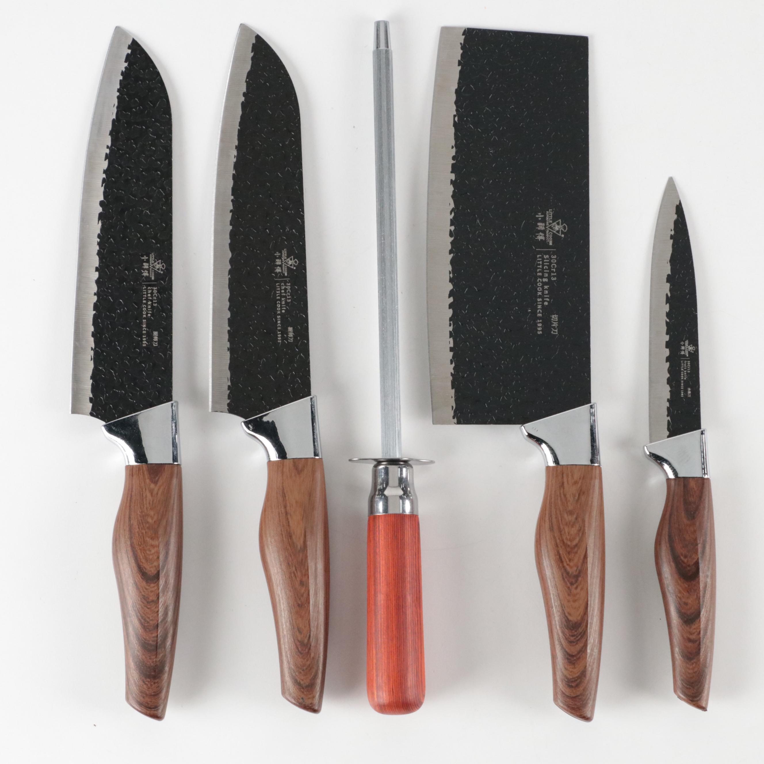 Little Cook Stainless Steel and Wooden Handled Chef Knife Set with Knife Roll