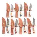 Handcrafted Damascus Steel and Antler Handled Skinner Knives with Scabbards