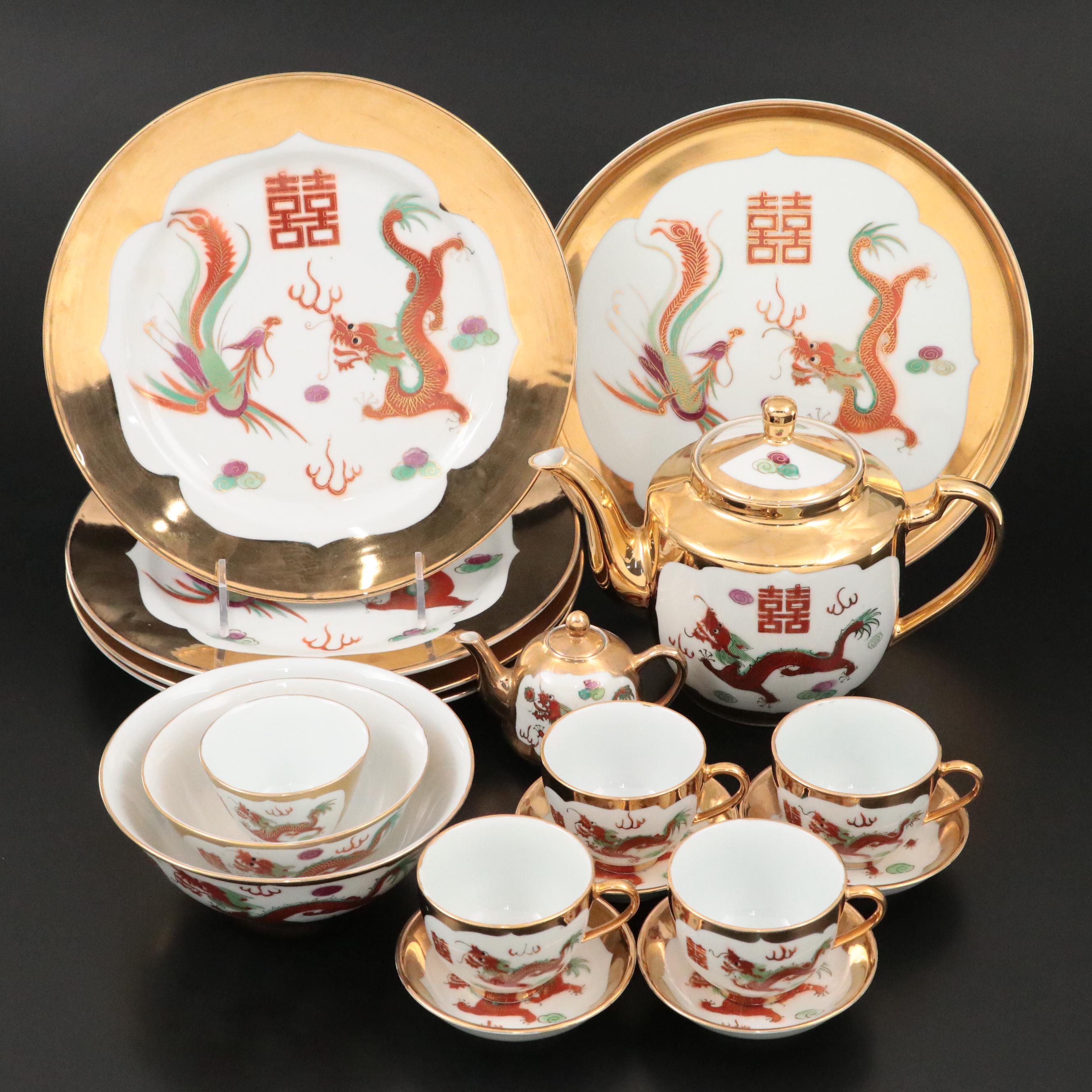 Chinese Jingdezhen Porcelain Dragon and Phoenix Tea Service and Tableware