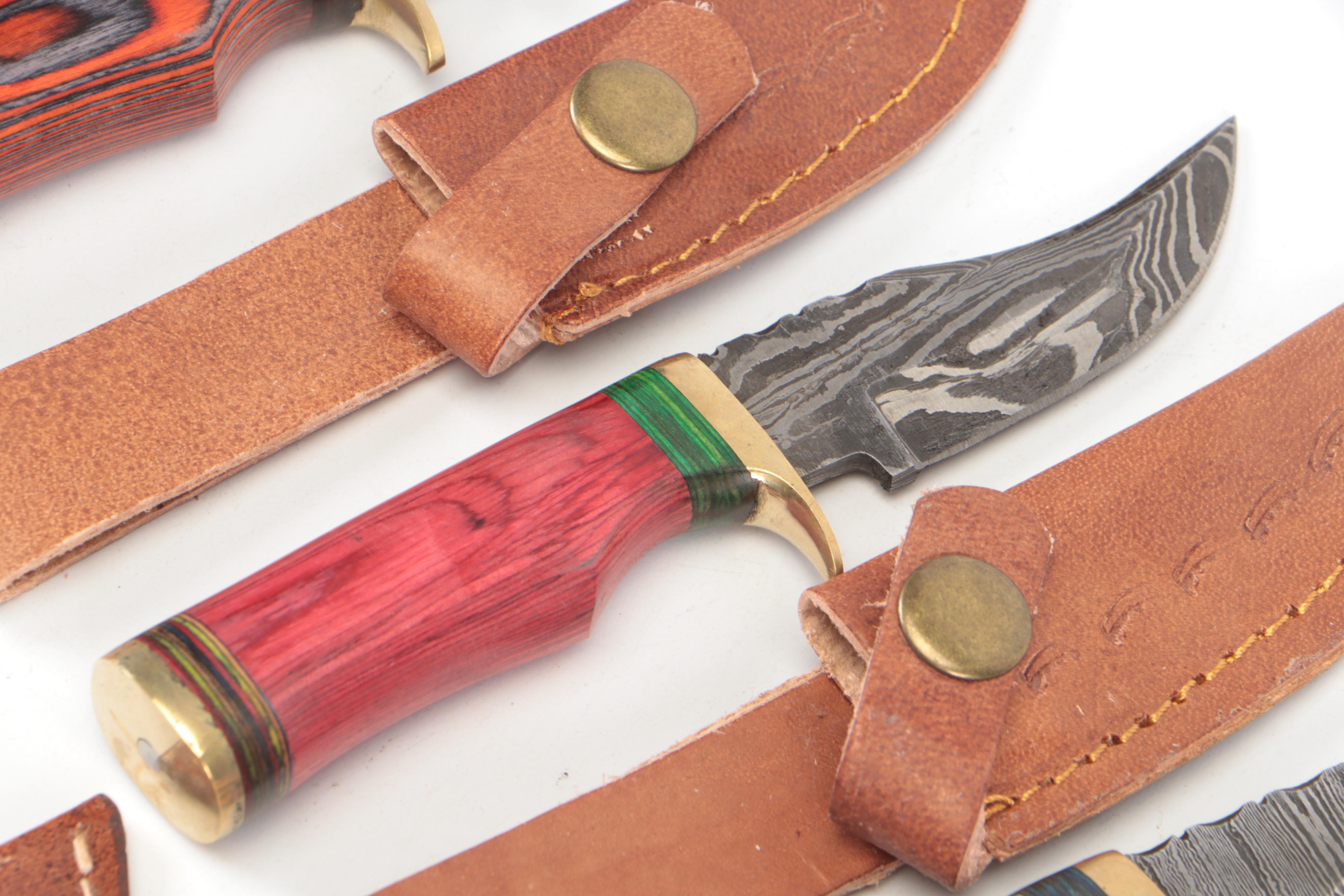 Damascus Steel Hunting Knives in Leather Sheaths