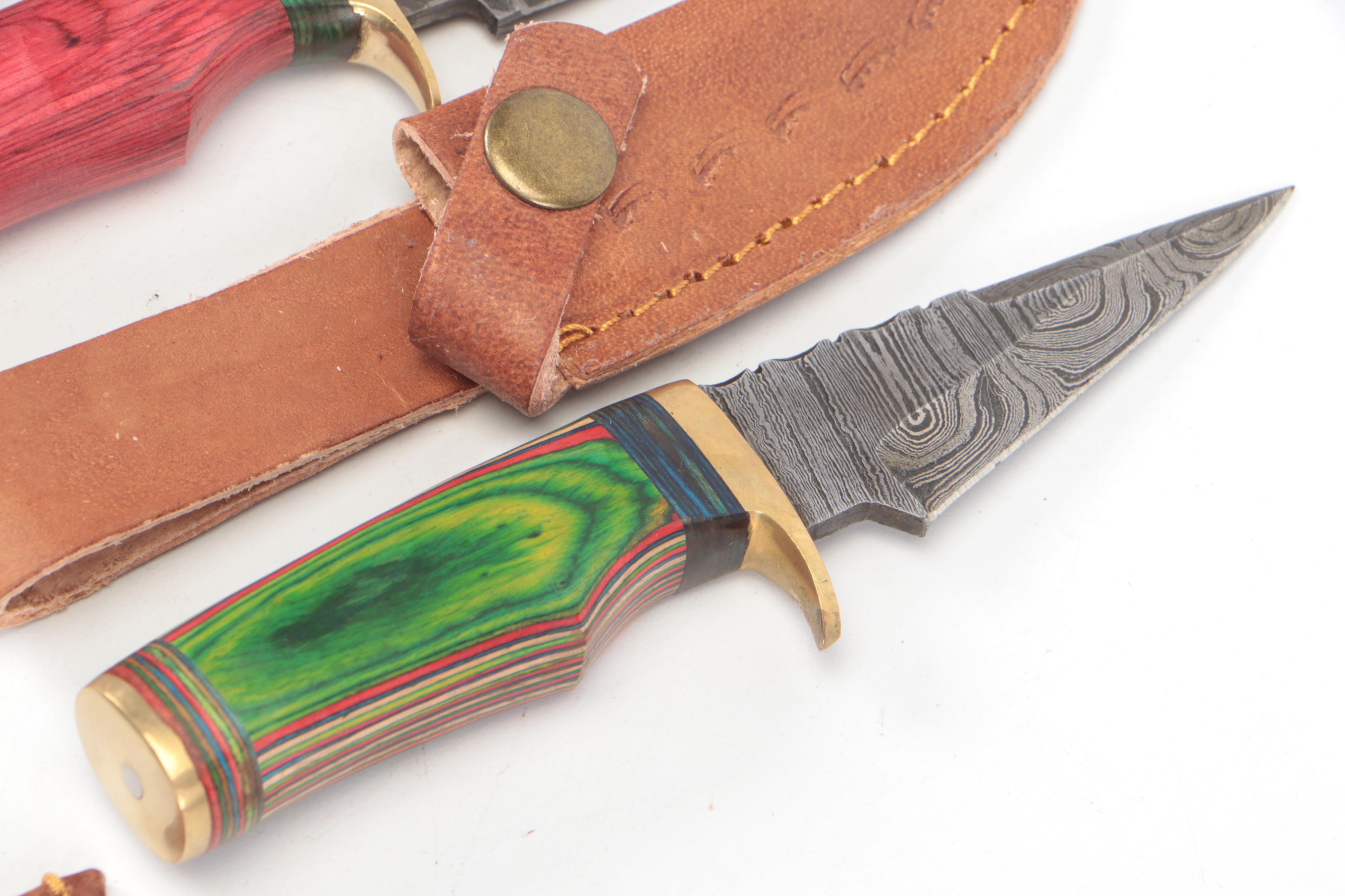 Damascus Steel Hunting Knives in Leather Sheaths