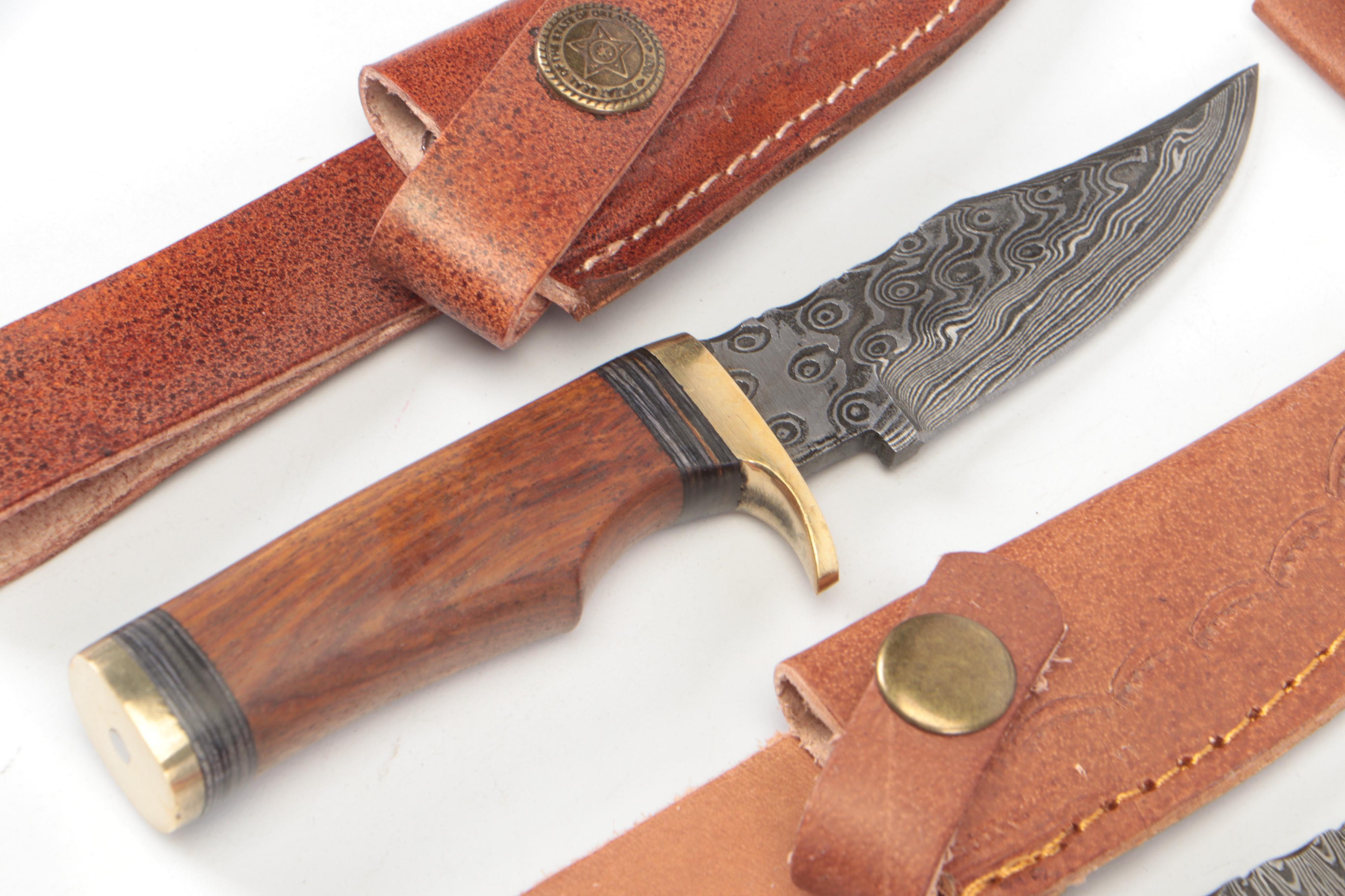 Damascus Steel Hunting Knives in Leather Sheaths
