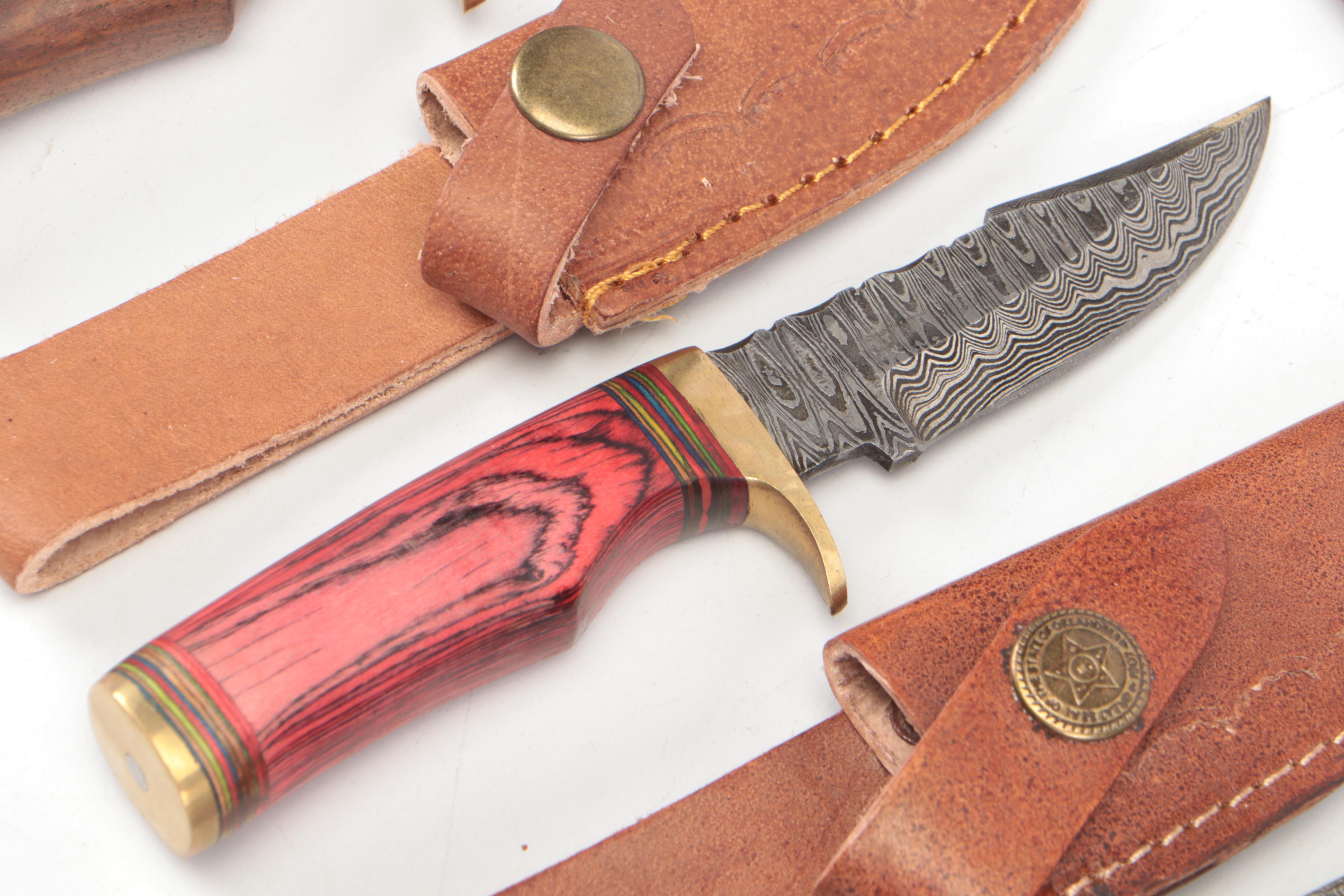 Damascus Steel Hunting Knives in Leather Sheaths