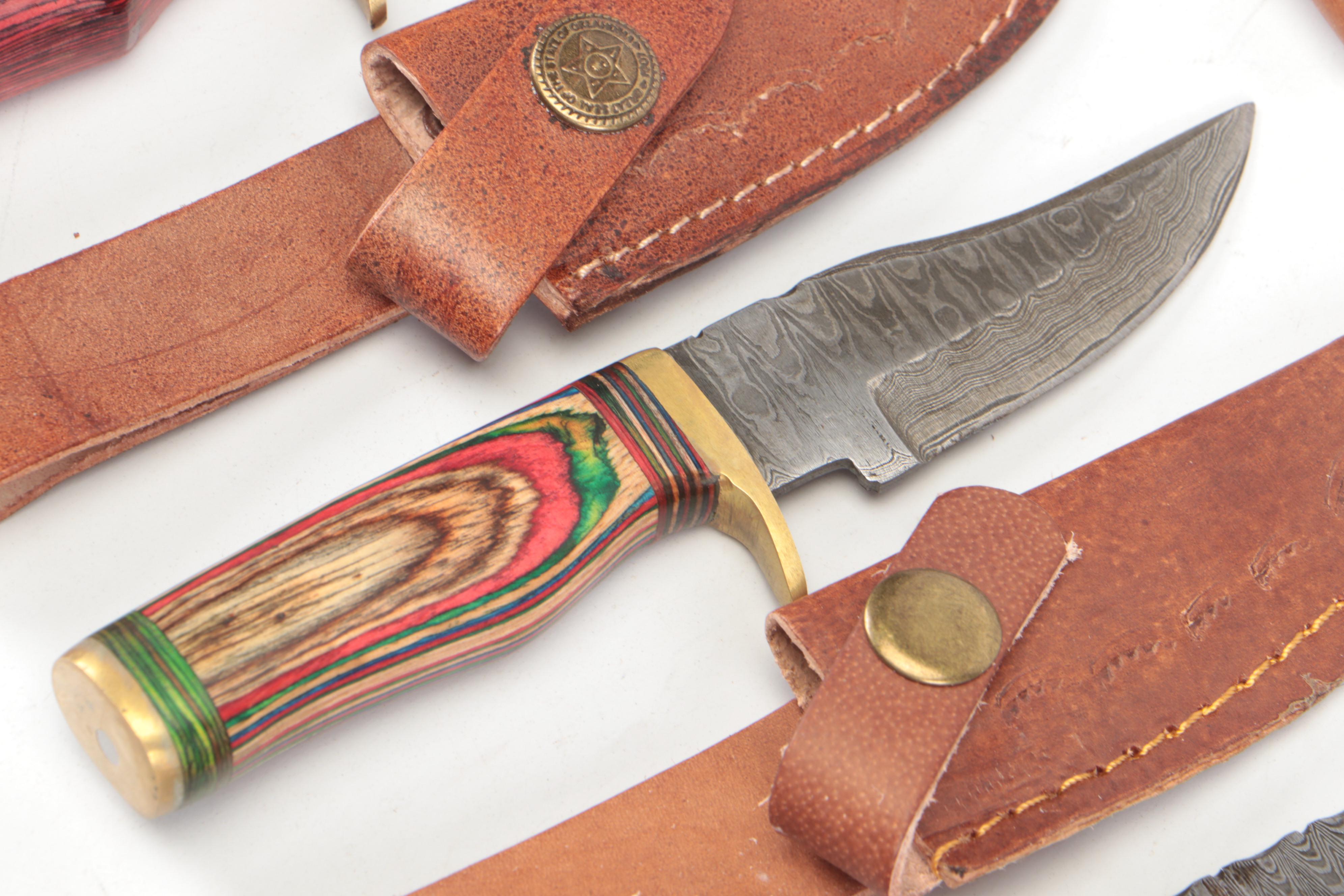 Damascus Steel Hunting Knives in Leather Sheaths