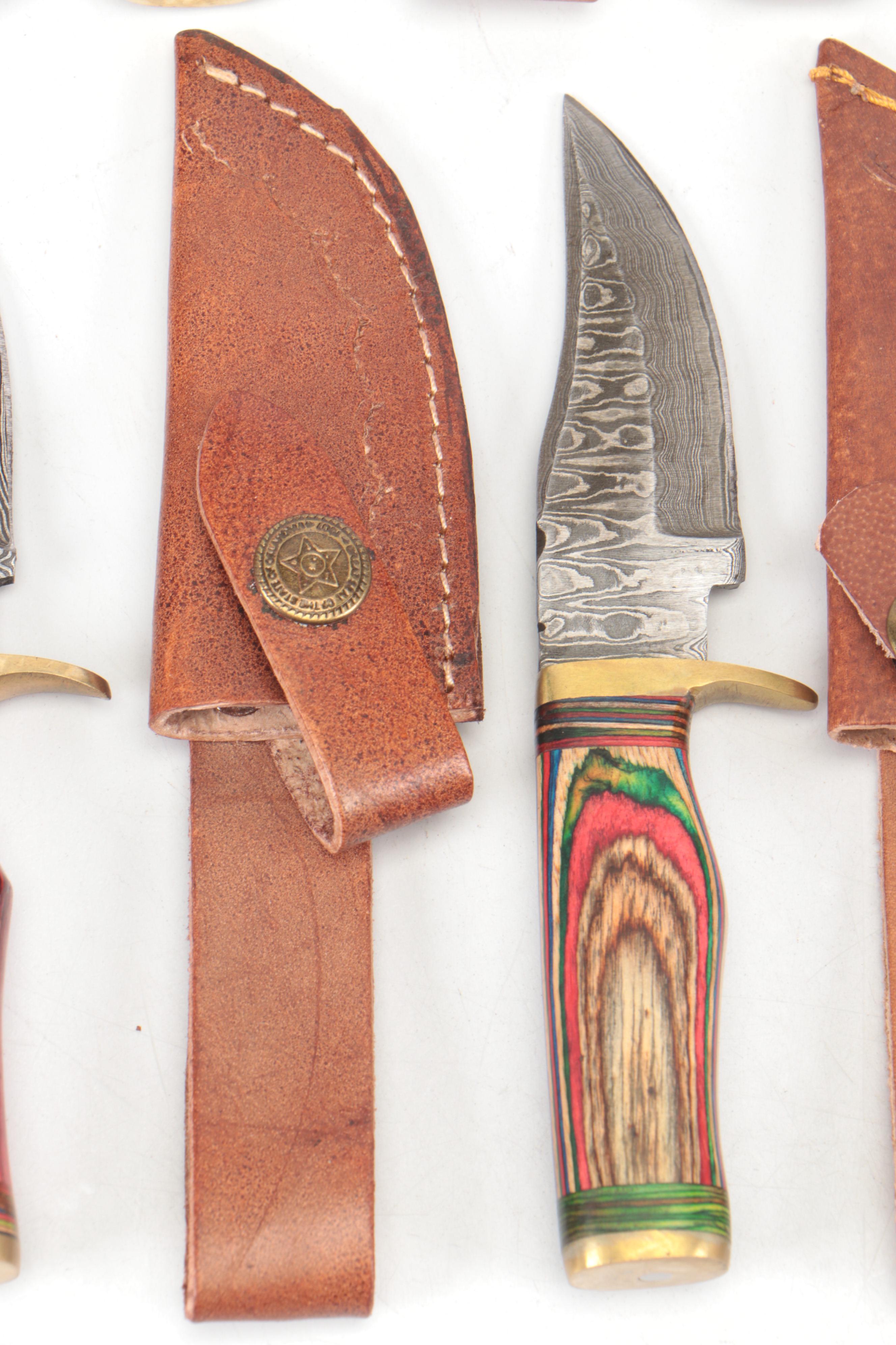 Damascus Steel Hunting Knives in Leather Sheaths