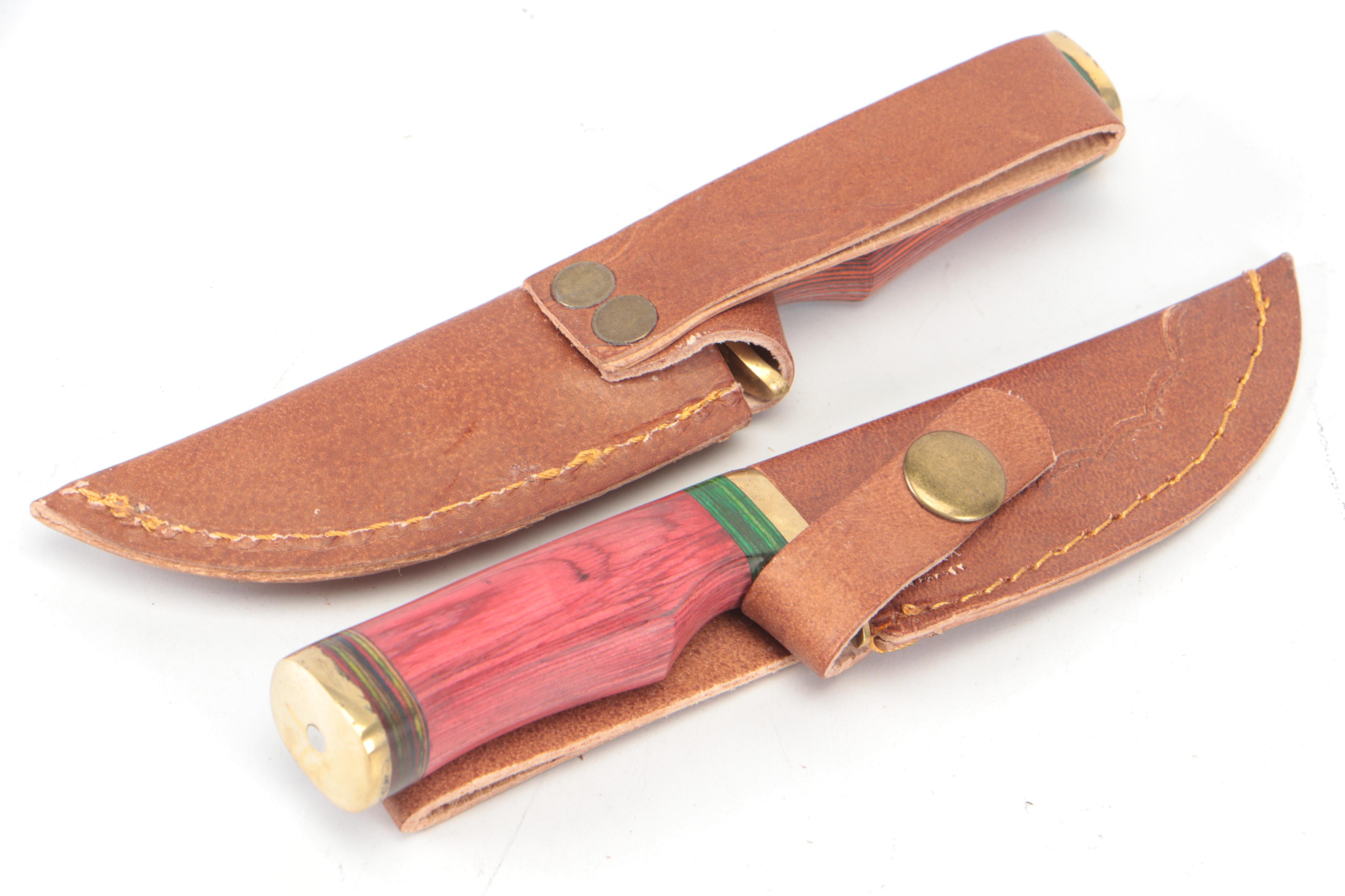 Damascus Steel Hunting Knives in Leather Sheaths