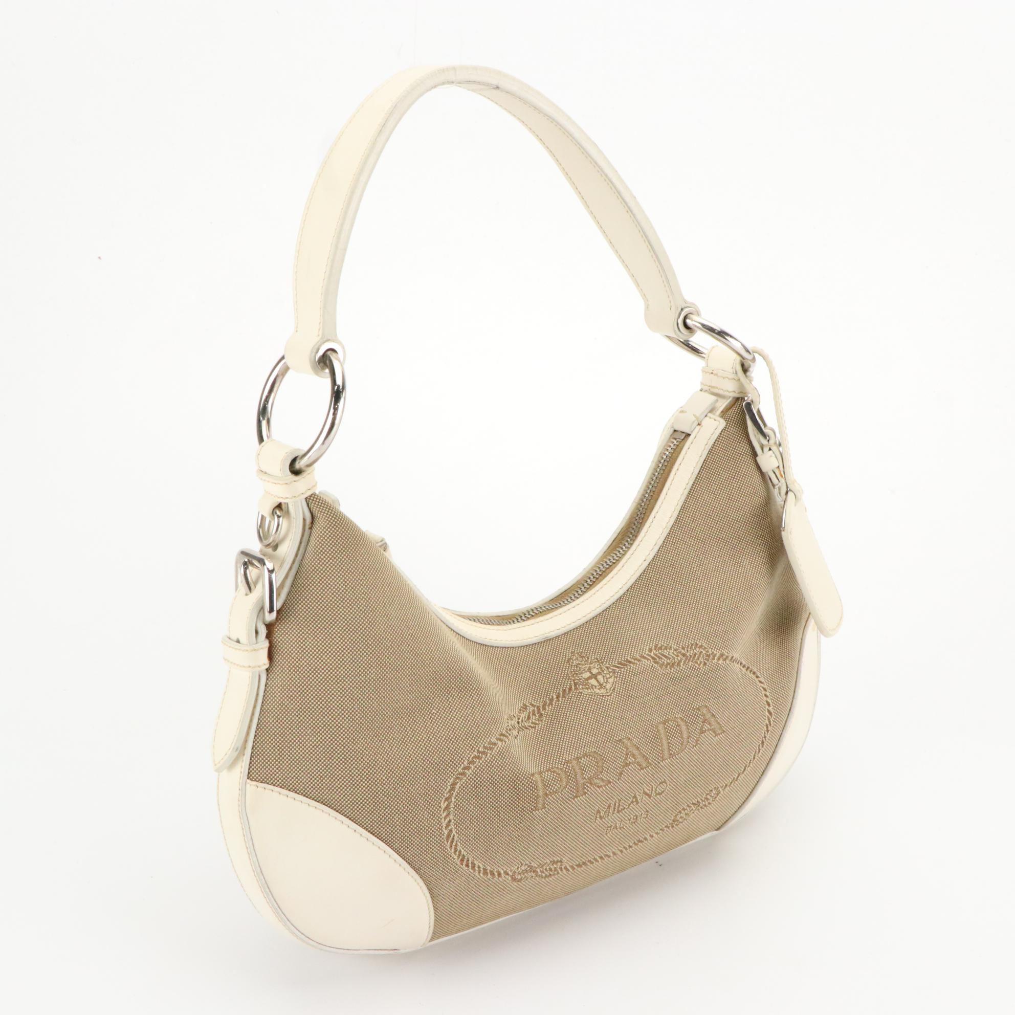 Prada Beige Jacquard Logo Shoulder Bag with White Leather Trim